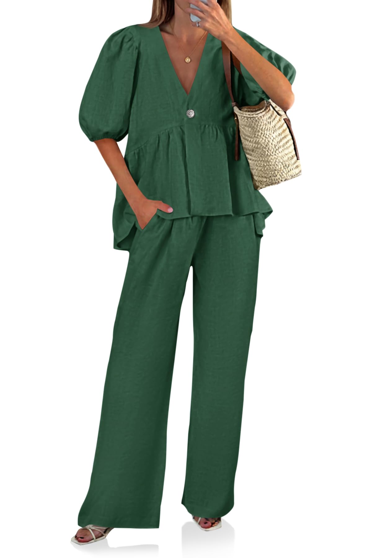 Tankaneo Womens 2 Piece Linen Sets Summer Vacation Outfits V Neck Puff Sleeve Babydoll Tops Wide Leg Pants Matching Sets