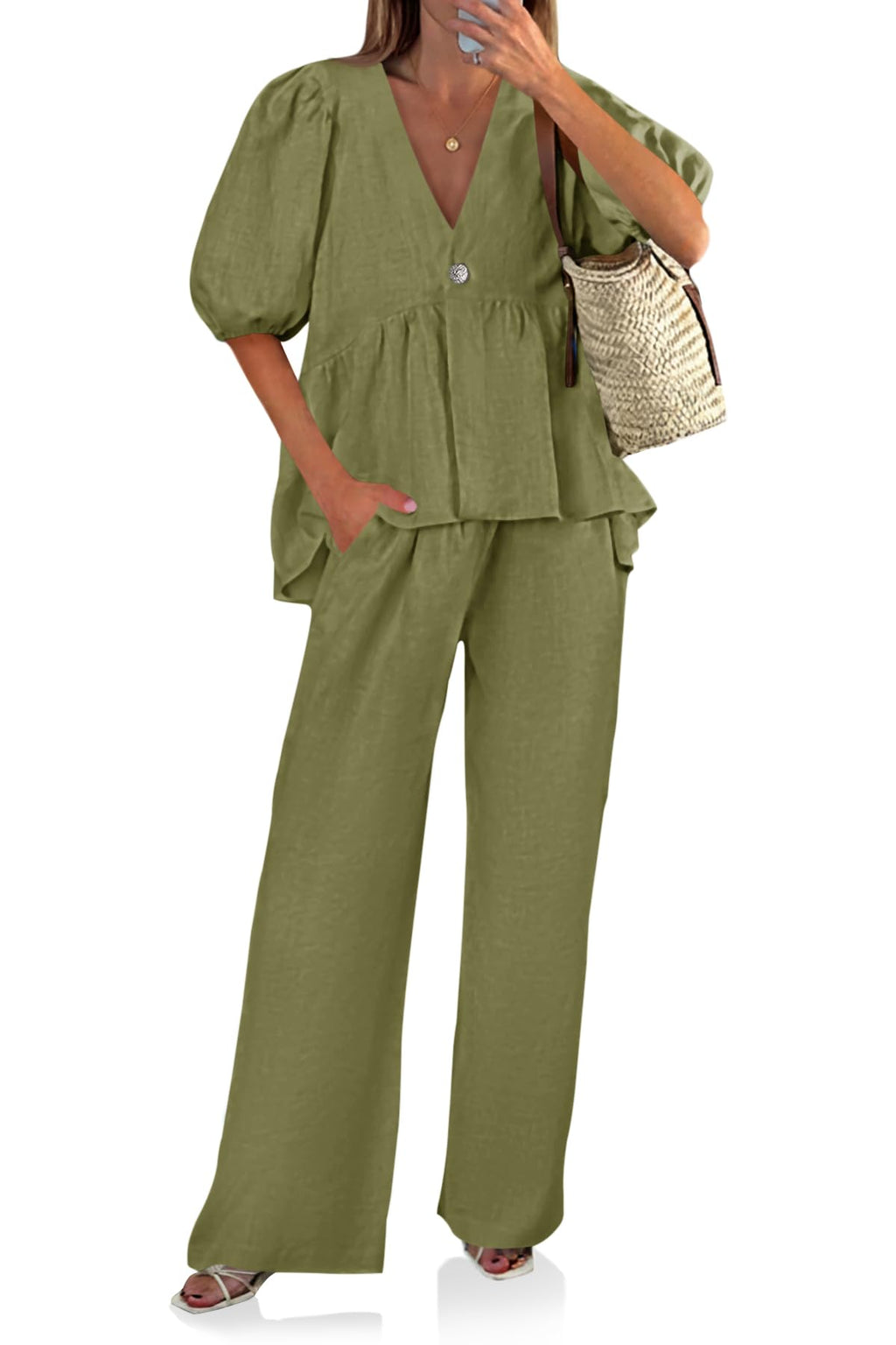 Tankaneo Womens 2 Piece Linen Sets Summer Vacation Outfits V Neck Puff Sleeve Babydoll Tops Wide Leg Pants Matching Sets