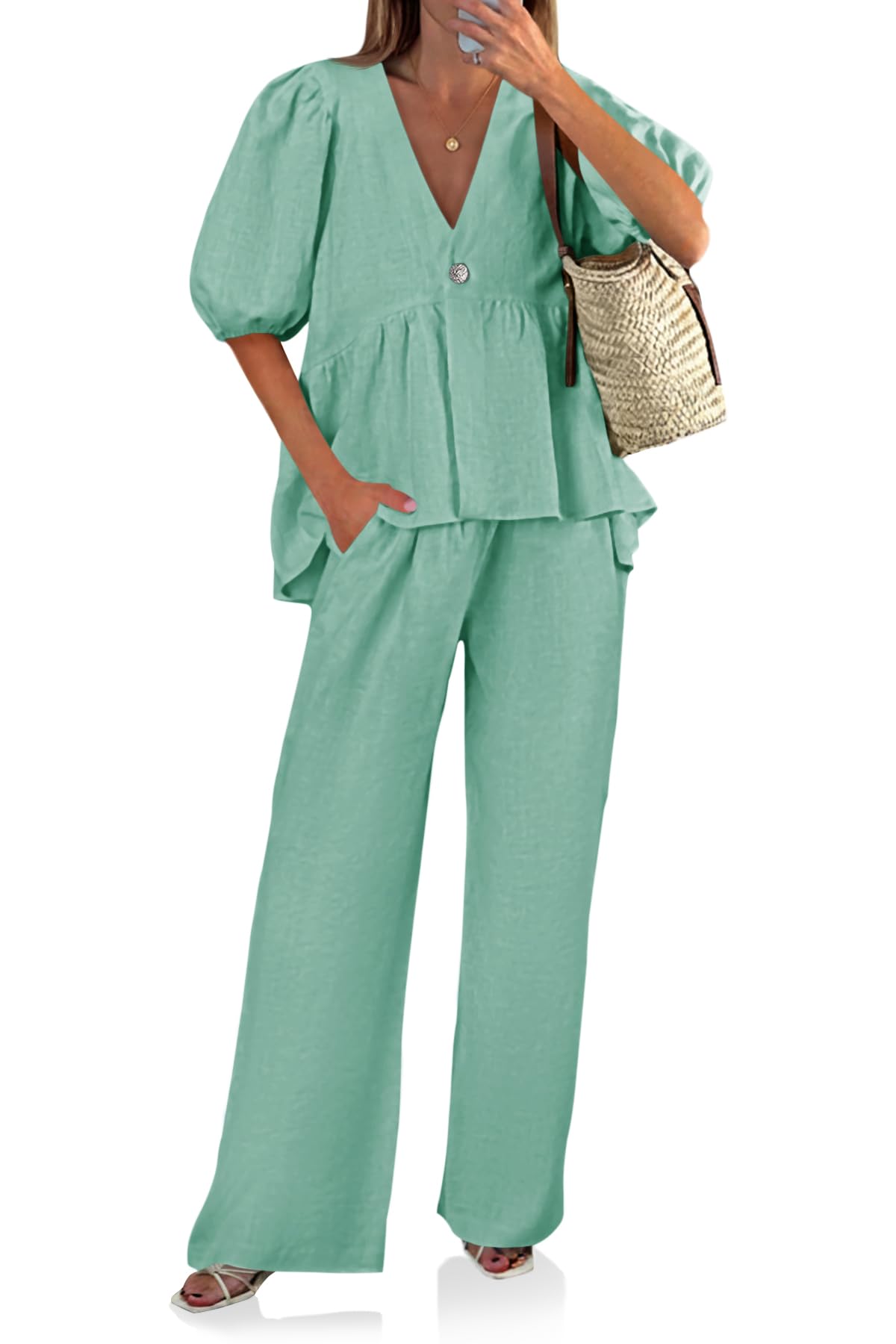 Tankaneo Womens 2 Piece Linen Sets Summer Vacation Outfits V Neck Puff Sleeve Babydoll Tops Wide Leg Pants Matching Sets