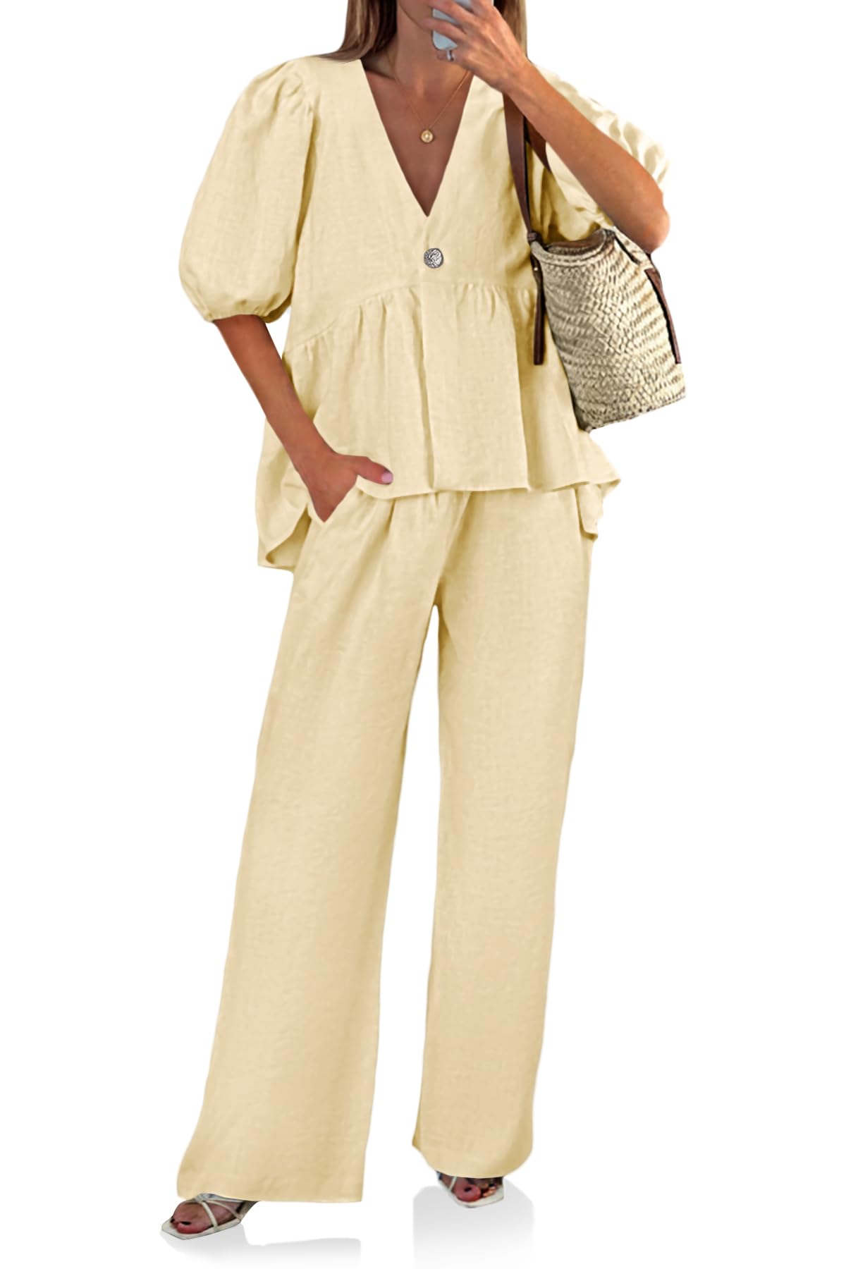 Tankaneo Womens 2 Piece Linen Sets Summer Vacation Outfits V Neck Puff Sleeve Babydoll Tops Wide Leg Pants Matching Sets