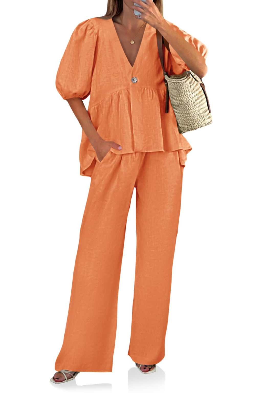 Tankaneo Womens 2 Piece Linen Sets Summer Vacation Outfits V Neck Puff Sleeve Babydoll Tops Wide Leg Pants Matching Sets