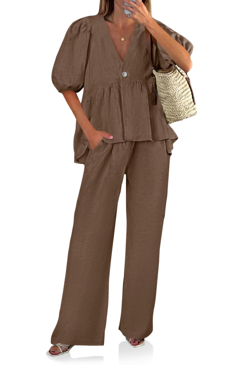 Tankaneo Womens 2 Piece Linen Sets Summer Vacation Outfits V Neck Puff Sleeve Babydoll Tops Wide Leg Pants Matching Sets