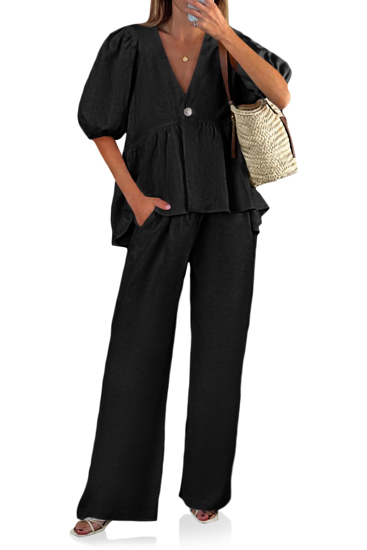 Tankaneo Womens 2 Piece Linen Sets Summer Vacation Outfits V Neck Puff Sleeve Babydoll Tops Wide Leg Pants Matching Sets