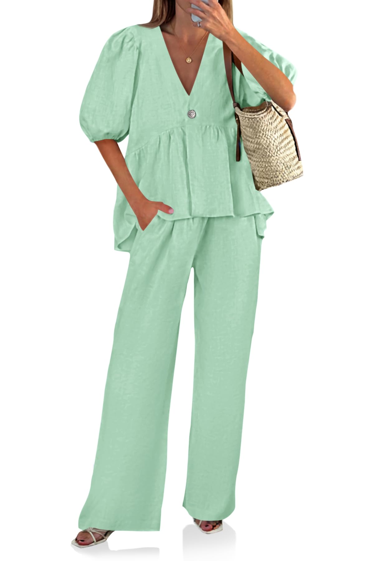 Tankaneo Womens 2 Piece Linen Sets Summer Vacation Outfits V Neck Puff Sleeve Babydoll Tops Wide Leg Pants Matching Sets
