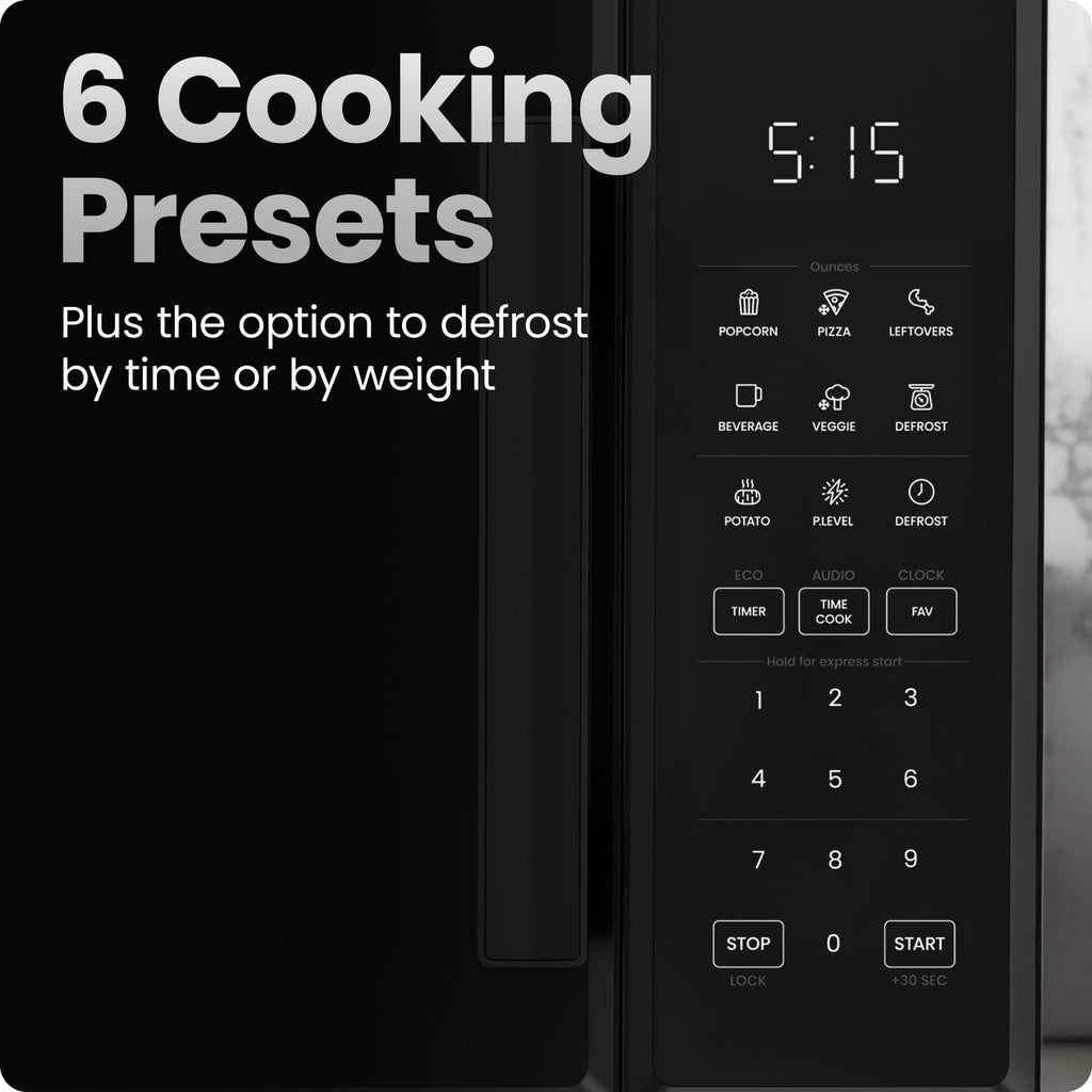 Chefman Countertop Microwave Oven 0.9 Cu. Ft., 900 Watts with 10 Power Levels, 6 Cooking Presets with One-Touch Express Cook, Eco Mode, Child Safety Lock, & Mute Button - Black