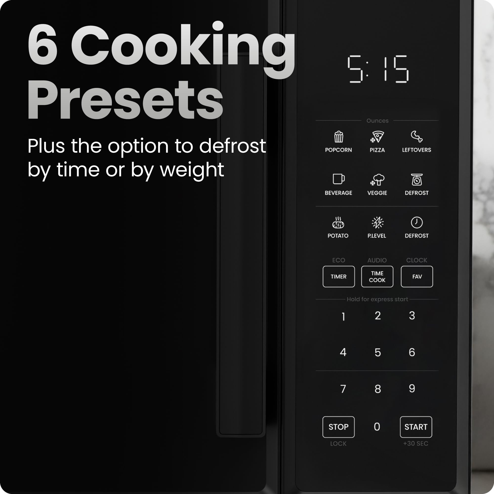 Chefman Countertop Microwave Oven 0.9 Cu. Ft., 900 Watts with 10 Power Levels, 6 Cooking Presets with One-Touch Express Cook, Eco Mode, Child Safety Lock, & Mute Button - Black