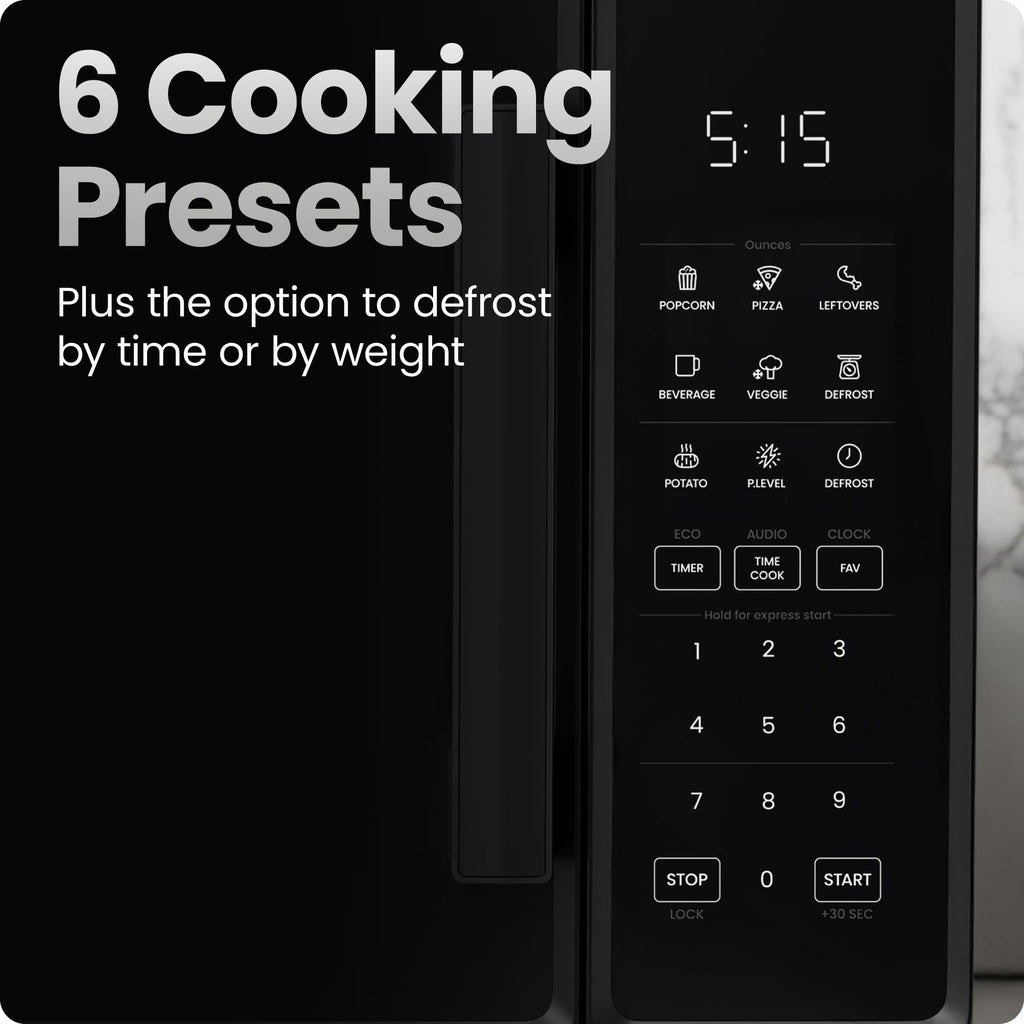 Chefman Countertop Microwave Oven 0.9 Cu. Ft., 900 Watts with 10 Power Levels, 6 Cooking Presets with One-Touch Express Cook, Eco Mode, Child Safety Lock, & Mute Button - Black