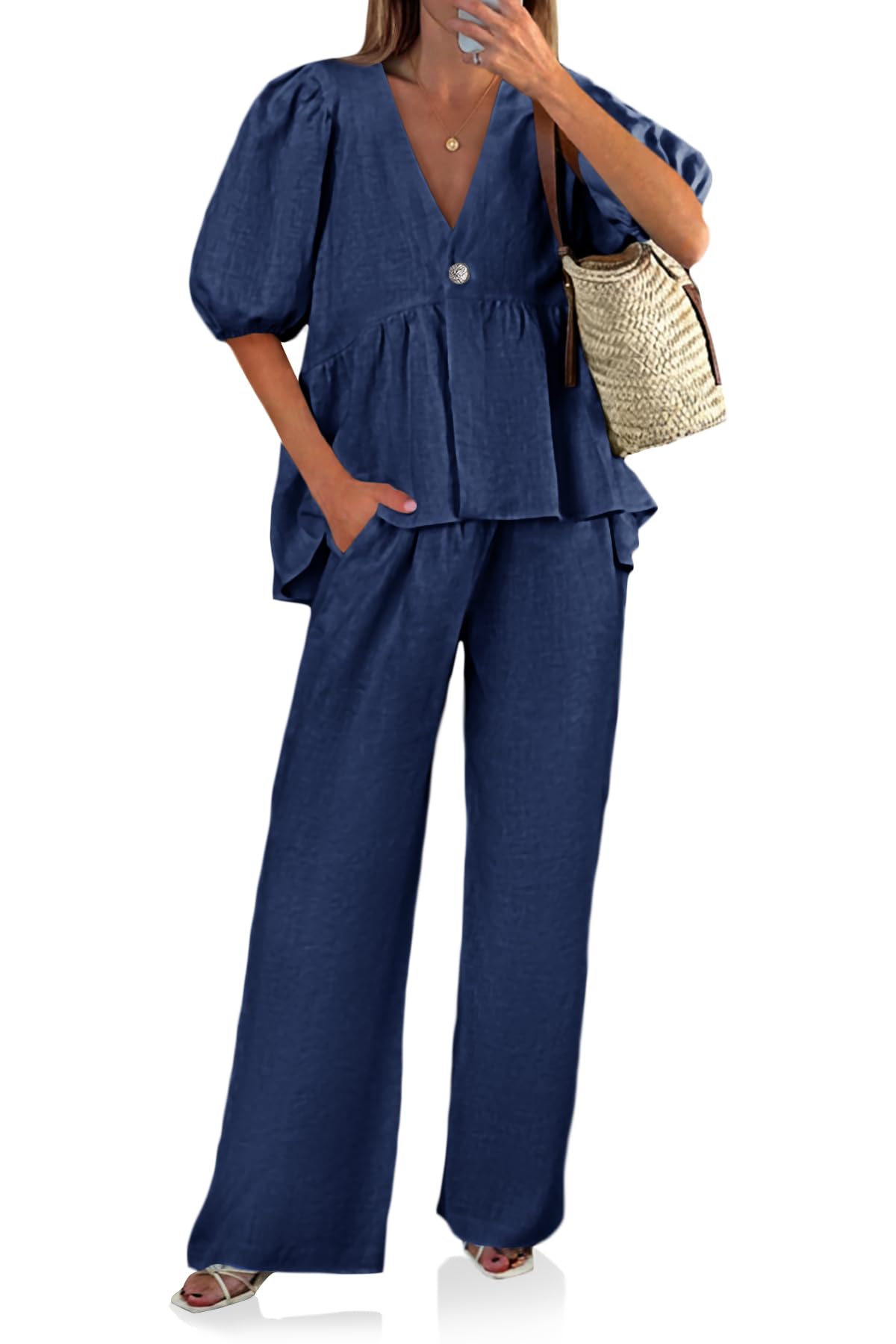 Tankaneo Womens 2 Piece Linen Sets Summer Vacation Outfits V Neck Puff Sleeve Babydoll Tops Wide Leg Pants Matching Sets