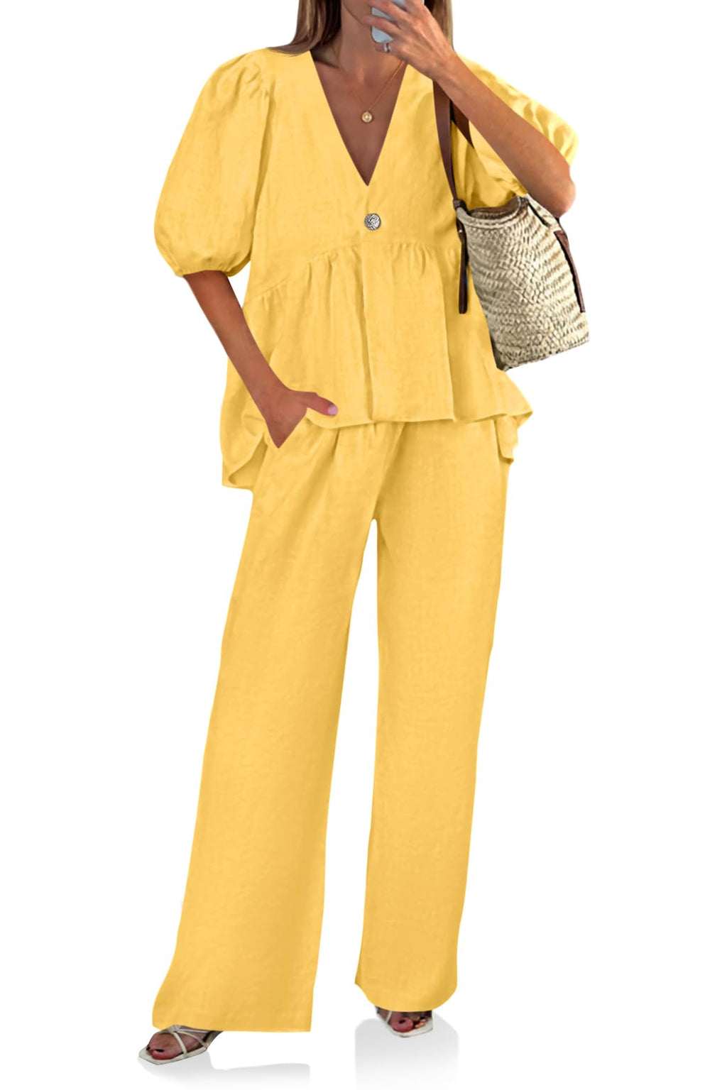 Tankaneo Womens 2 Piece Linen Sets Summer Vacation Outfits V Neck Puff Sleeve Babydoll Tops Wide Leg Pants Matching Sets