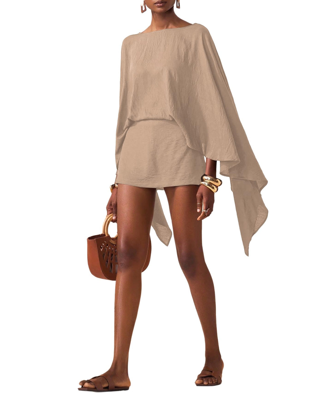 MakeMeChic Women's Linen Sets 2 Piece Sets Summer Poncho Tops and Skorts Vacation Outfits