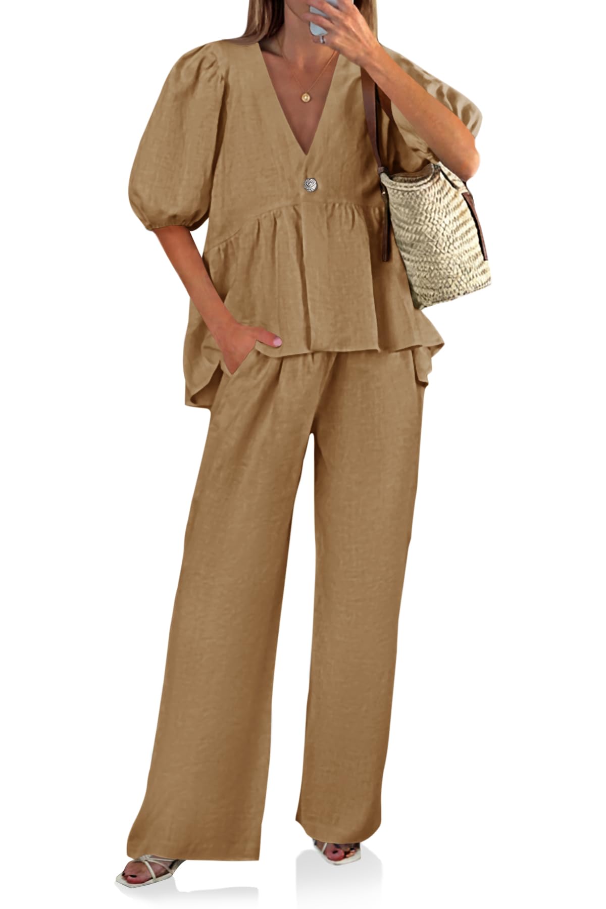 Tankaneo Womens 2 Piece Linen Sets Summer Vacation Outfits V Neck Puff Sleeve Babydoll Tops Wide Leg Pants Matching Sets