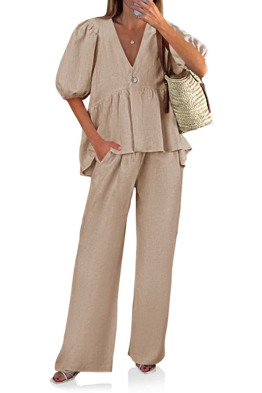 Tankaneo Womens 2 Piece Linen Sets Summer Vacation Outfits V Neck Puff Sleeve Babydoll Tops Wide Leg Pants Matching Sets