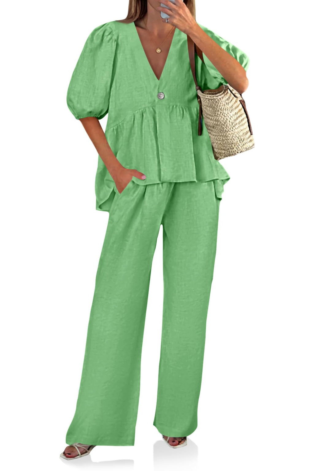 Tankaneo Womens 2 Piece Linen Sets Summer Vacation Outfits V Neck Puff Sleeve Babydoll Tops Wide Leg Pants Matching Sets