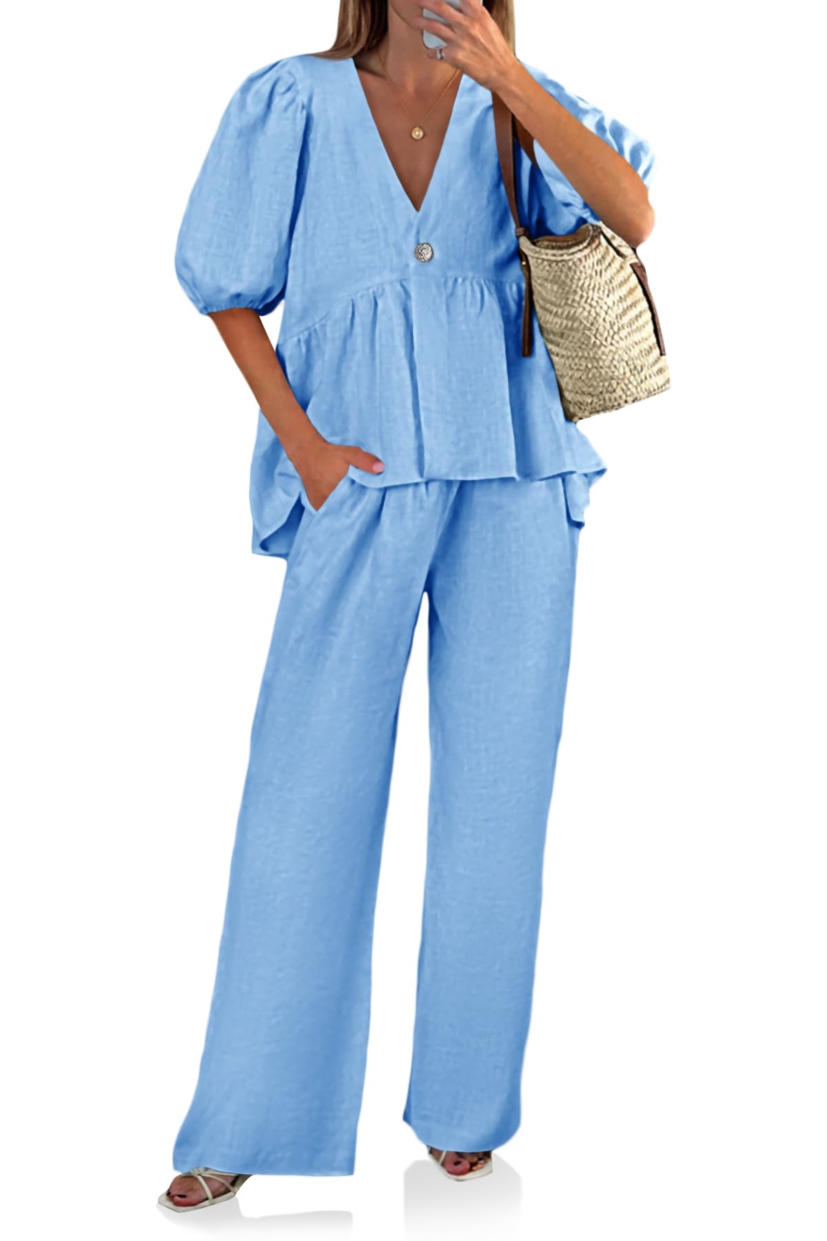Tankaneo Womens 2 Piece Linen Sets Summer Vacation Outfits V Neck Puff Sleeve Babydoll Tops Wide Leg Pants Matching Sets