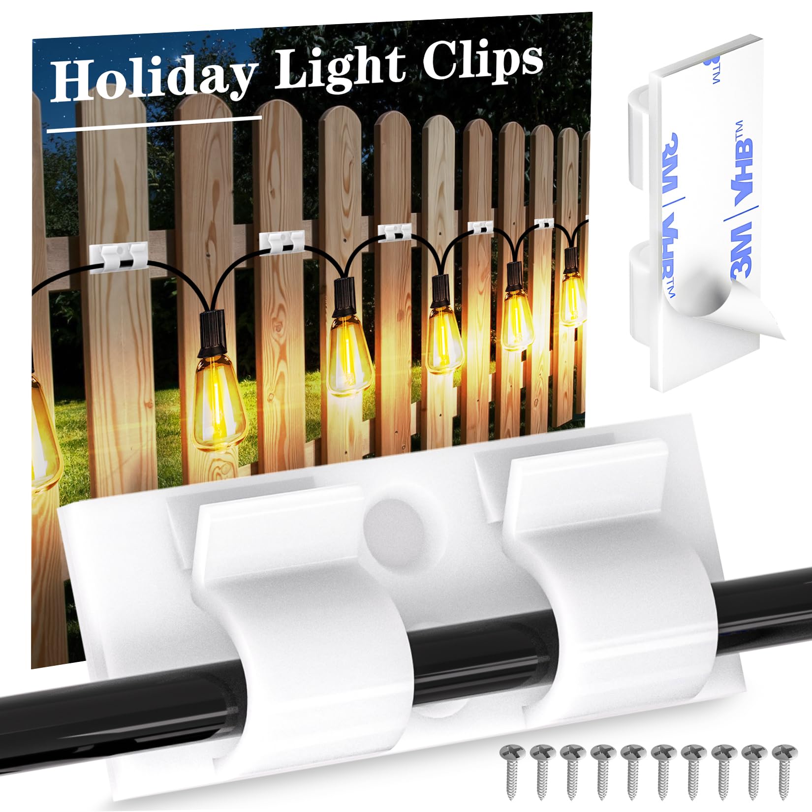 XHF 30PCS White Hooks for Outdoor String Lights Clips, Heavy Duty Adhesive with Holes and Screws, for Hanging Christmas Lighting