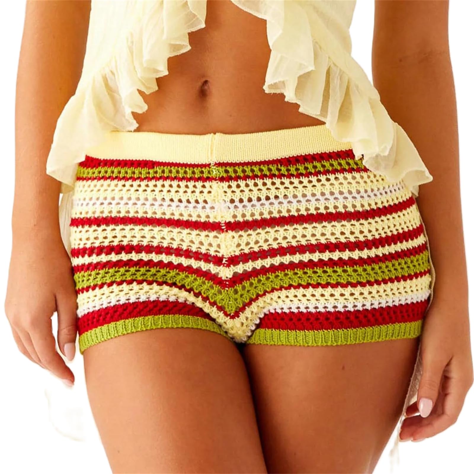Women Y2k Striped Knitted Shorts Low Rise Stretchy Going Out Crochet Mini Shorts for Summer Beach