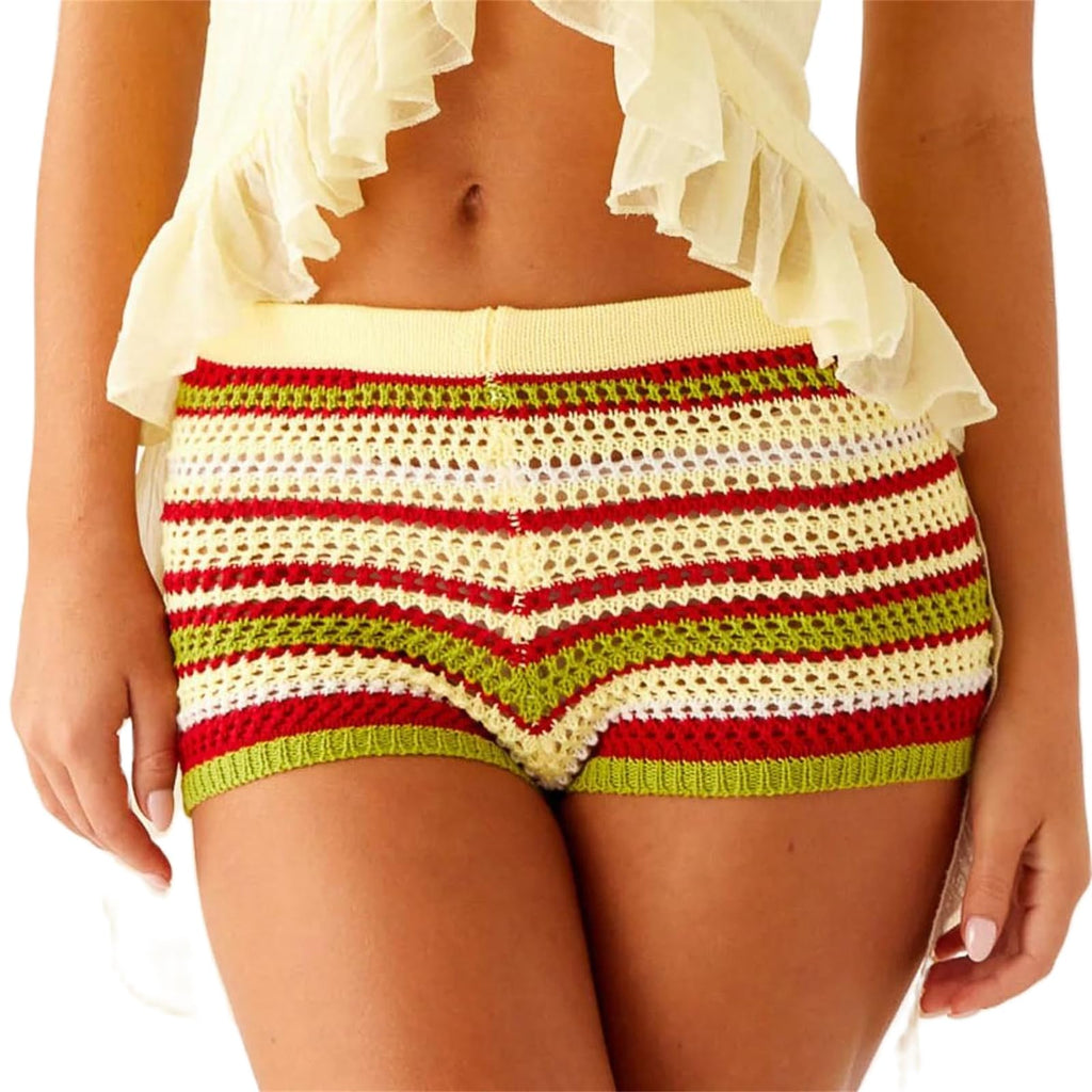 Women Y2k Striped Knitted Shorts Low Rise Stretchy Going Out Crochet Mini Shorts for Summer Beach