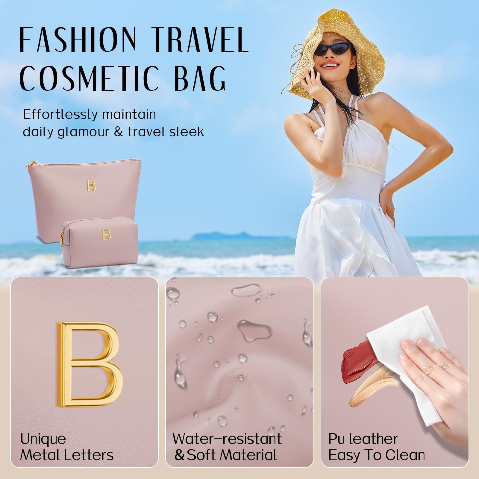 Graduation Gifts | Initial Makeup Bag for Women Personalized Gifts for Bridesmaid Teachers Friend Female College Cosmetic Travel Toiletry Bag(Beige,A)