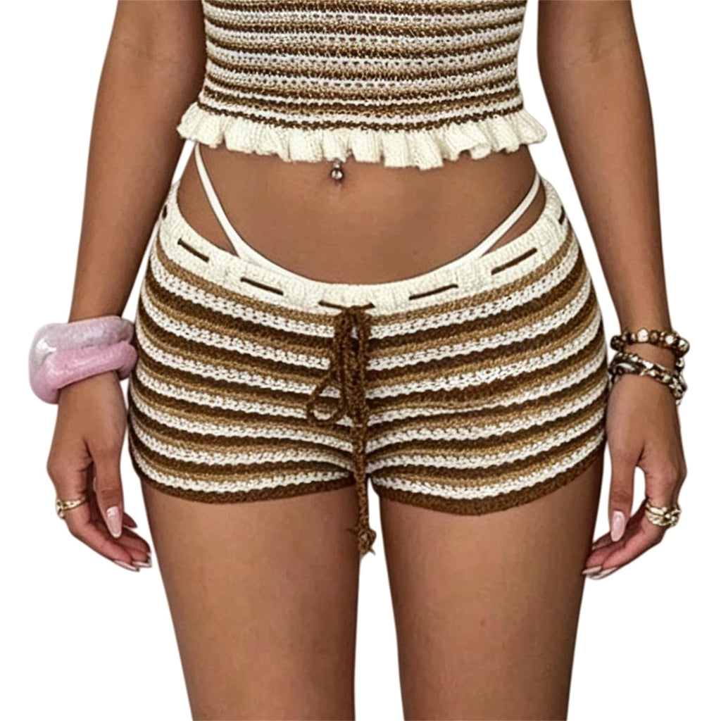 Women Y2k Striped Knitted Shorts Low Rise Stretchy Going Out Crochet Mini Shorts for Summer Beach