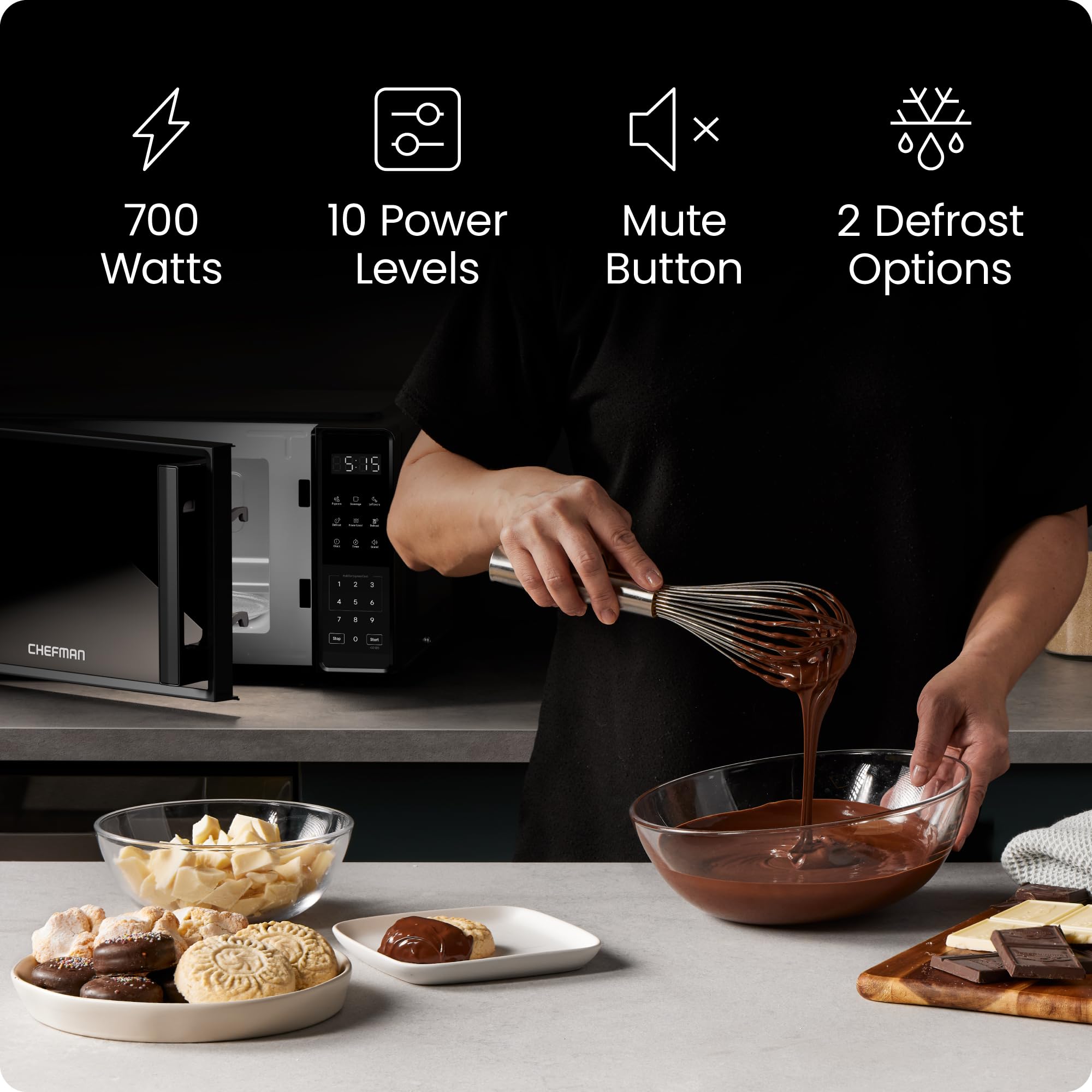 Chefman Countertop Microwave Oven 0.9 Cu. Ft., 900 Watts with 10 Power Levels, 6 Cooking Presets with One-Touch Express Cook, Eco Mode, Child Safety Lock, & Mute Button - Black