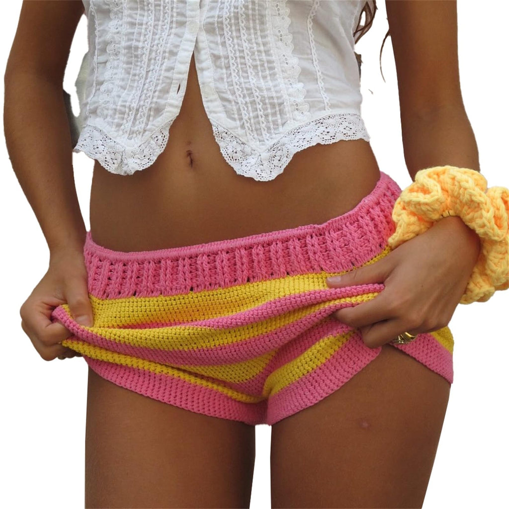 Women Y2k Striped Knitted Shorts Low Rise Stretchy Going Out Crochet Mini Shorts for Summer Beach