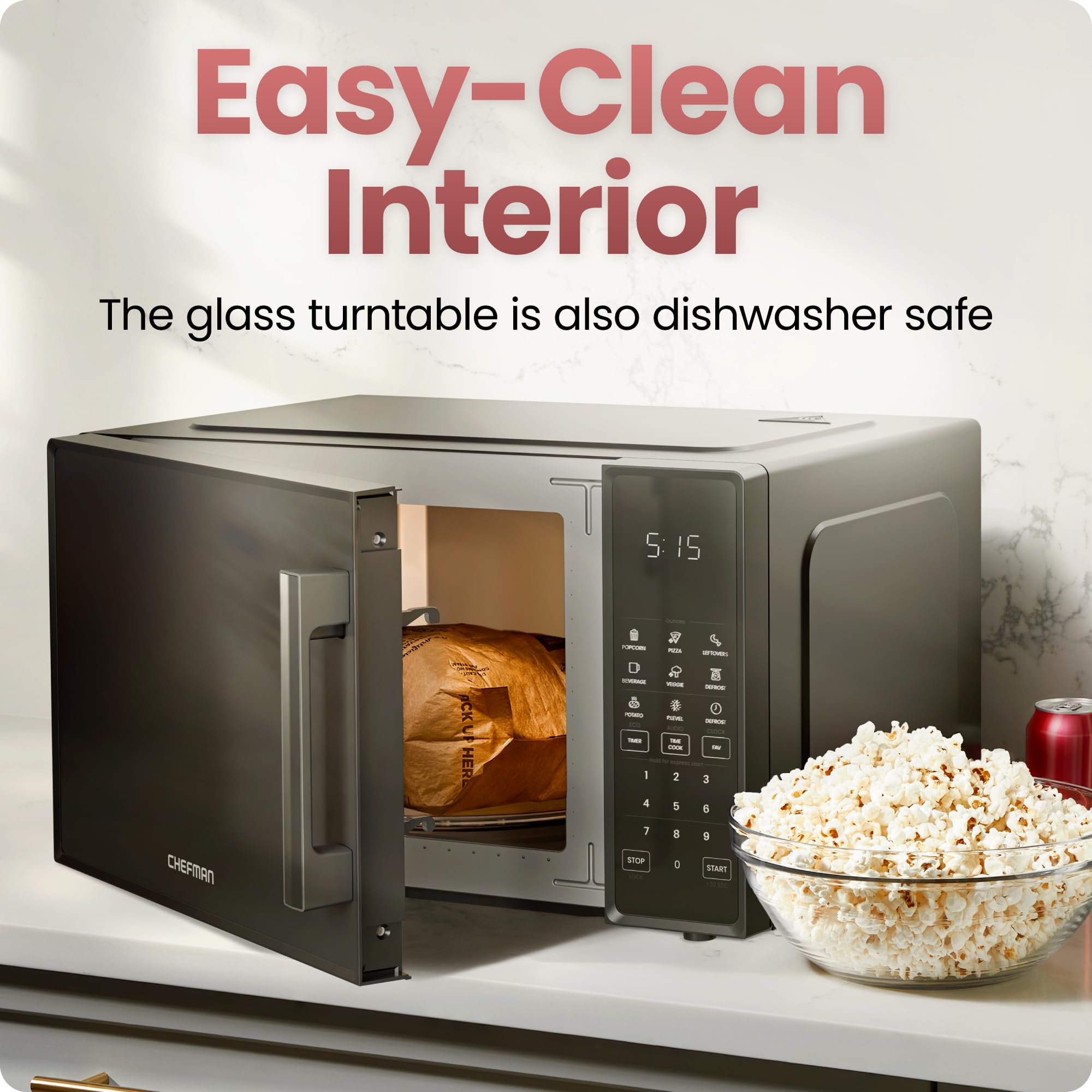Chefman Countertop Microwave Oven 0.9 Cu. Ft., 900 Watts with 10 Power Levels, 6 Cooking Presets with One-Touch Express Cook, Eco Mode, Child Safety Lock, & Mute Button - Black