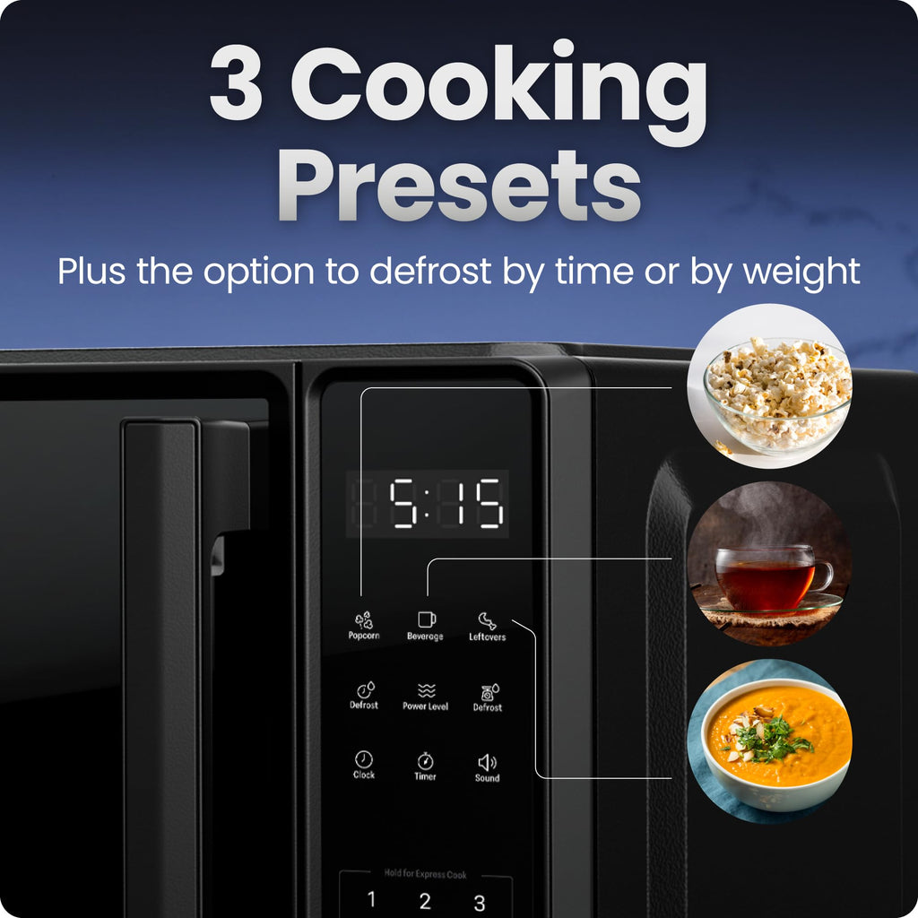Chefman Countertop Microwave Oven 0.9 Cu. Ft., 900 Watts with 10 Power Levels, 6 Cooking Presets with One-Touch Express Cook, Eco Mode, Child Safety Lock, & Mute Button - Black
