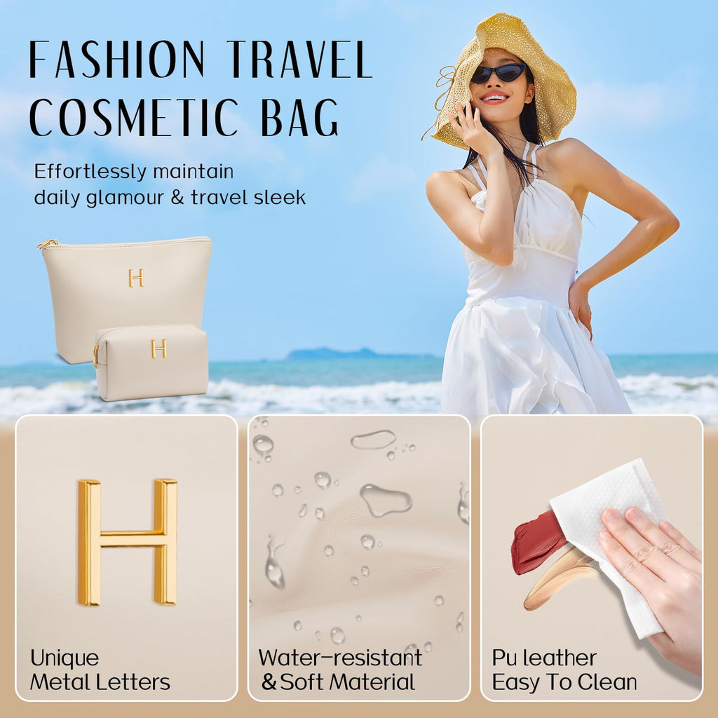 Graduation Gifts | Initial Makeup Bag for Women Personalized Gifts for Bridesmaid Teachers Friend Female College Cosmetic Travel Toiletry Bag(Beige,A)