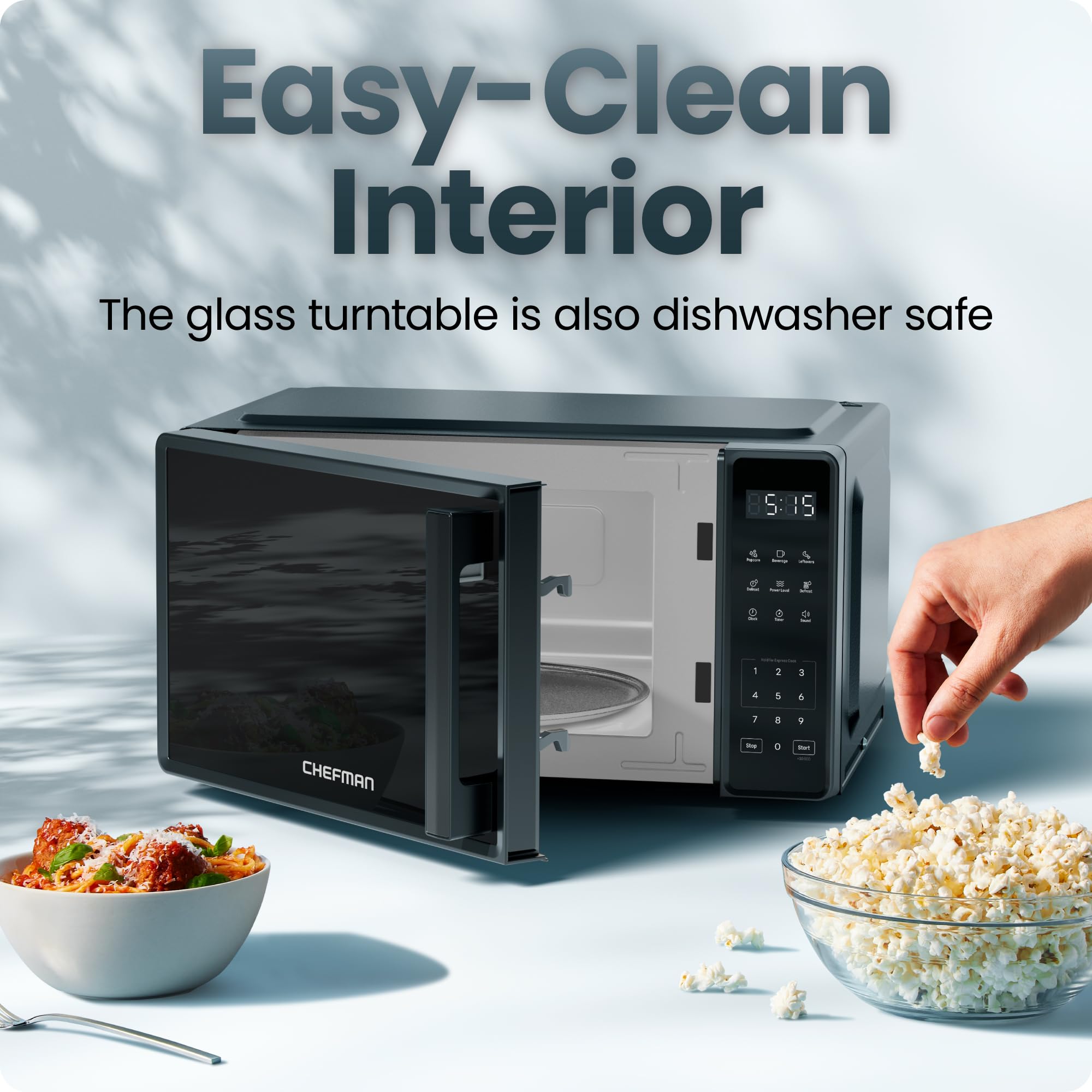 Chefman Countertop Microwave Oven 0.9 Cu. Ft., 900 Watts with 10 Power Levels, 6 Cooking Presets with One-Touch Express Cook, Eco Mode, Child Safety Lock, & Mute Button - Black