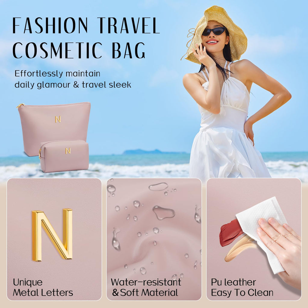 Graduation Gifts | Initial Makeup Bag for Women Personalized Gifts for Bridesmaid Teachers Friend Female College Cosmetic Travel Toiletry Bag(Beige,A)