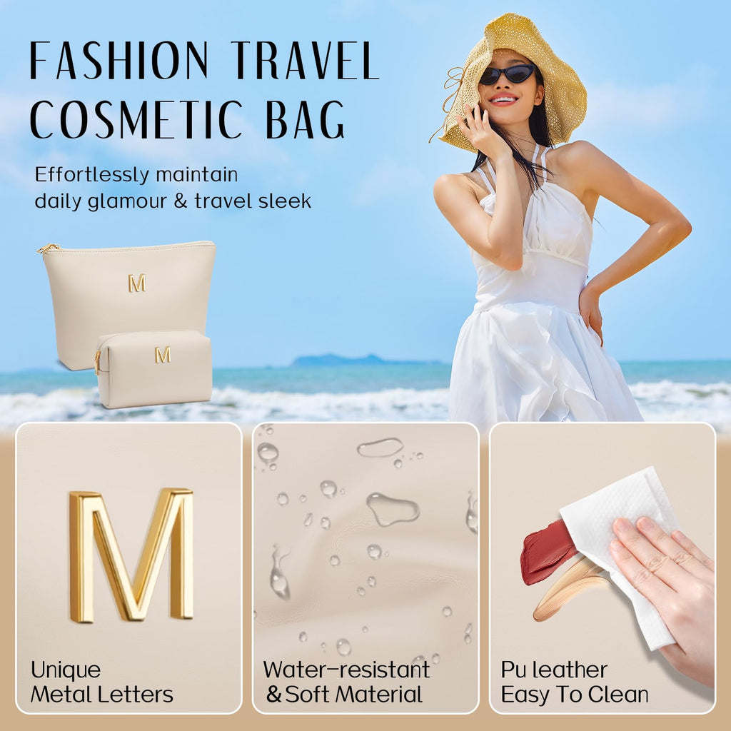 Graduation Gifts | Initial Makeup Bag for Women Personalized Gifts for Bridesmaid Teachers Friend Female College Cosmetic Travel Toiletry Bag(Beige,A)