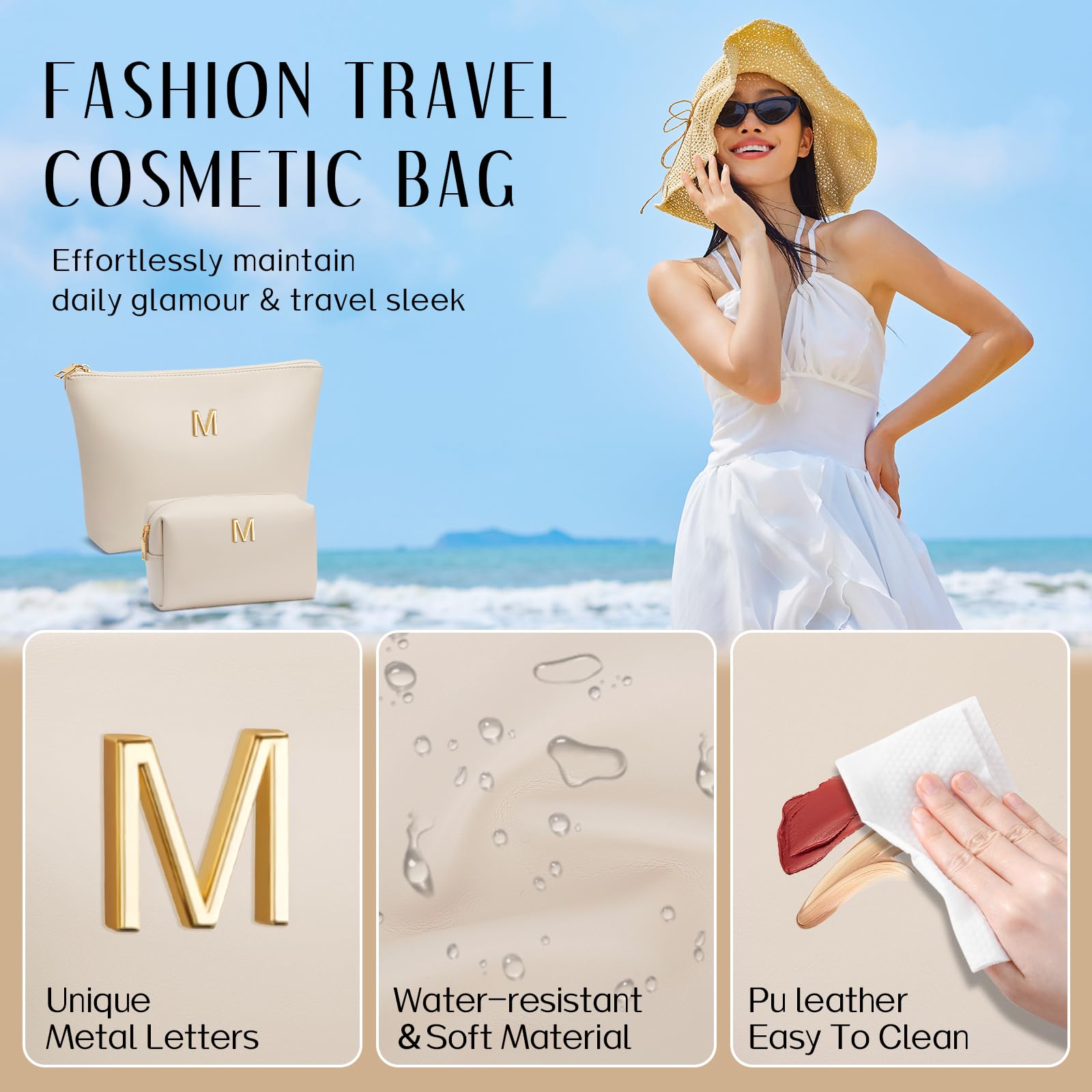 Graduation Gifts | Initial Makeup Bag for Women Personalized Gifts for Bridesmaid Teachers Friend Female College Cosmetic Travel Toiletry Bag(Beige,A)