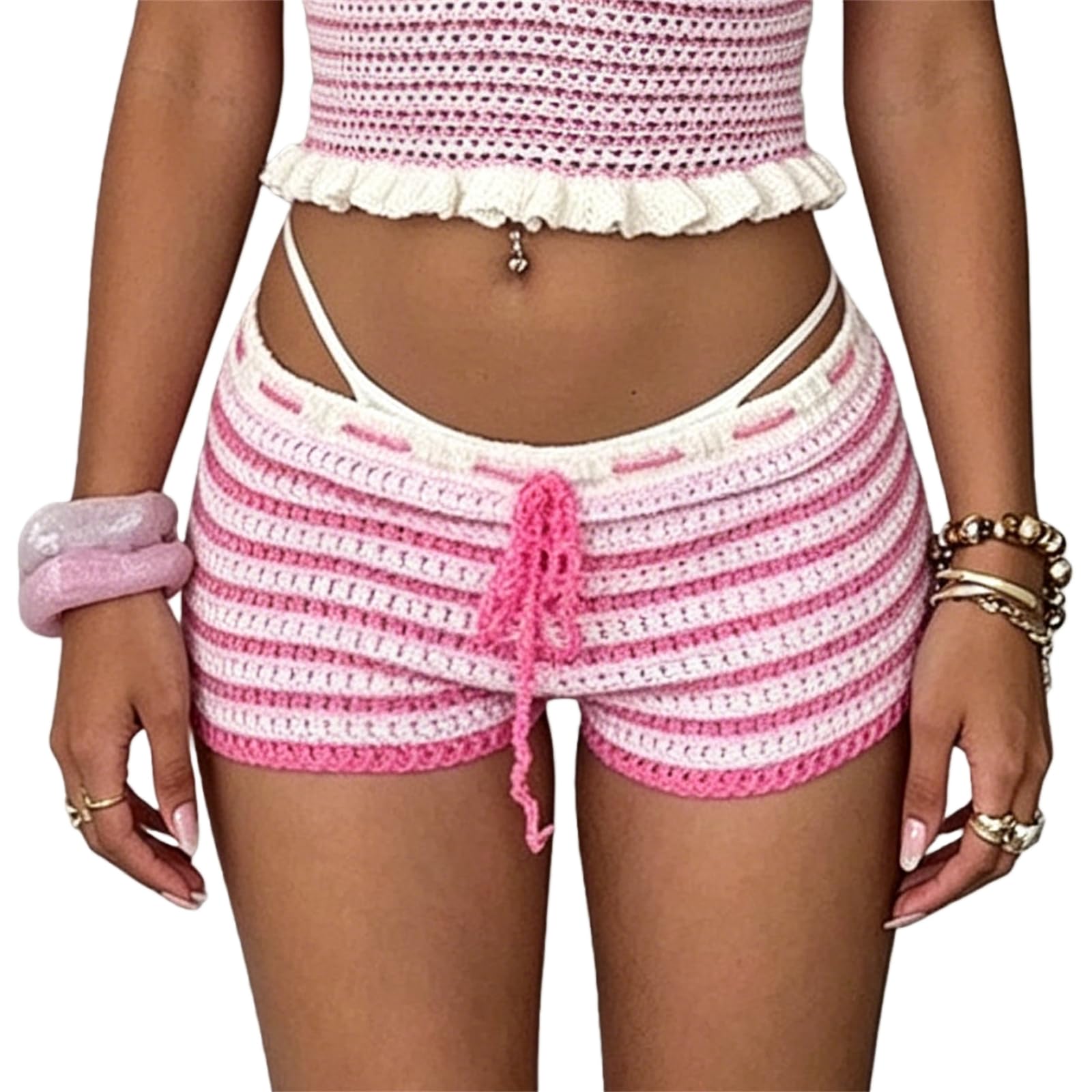 Women Y2k Striped Knitted Shorts Low Rise Stretchy Going Out Crochet Mini Shorts for Summer Beach