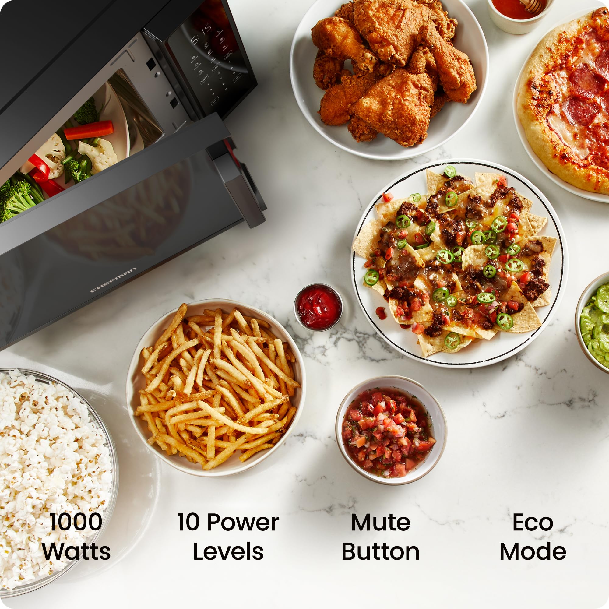 Chefman Countertop Microwave Oven 0.9 Cu. Ft., 900 Watts with 10 Power Levels, 6 Cooking Presets with One-Touch Express Cook, Eco Mode, Child Safety Lock, & Mute Button - Black