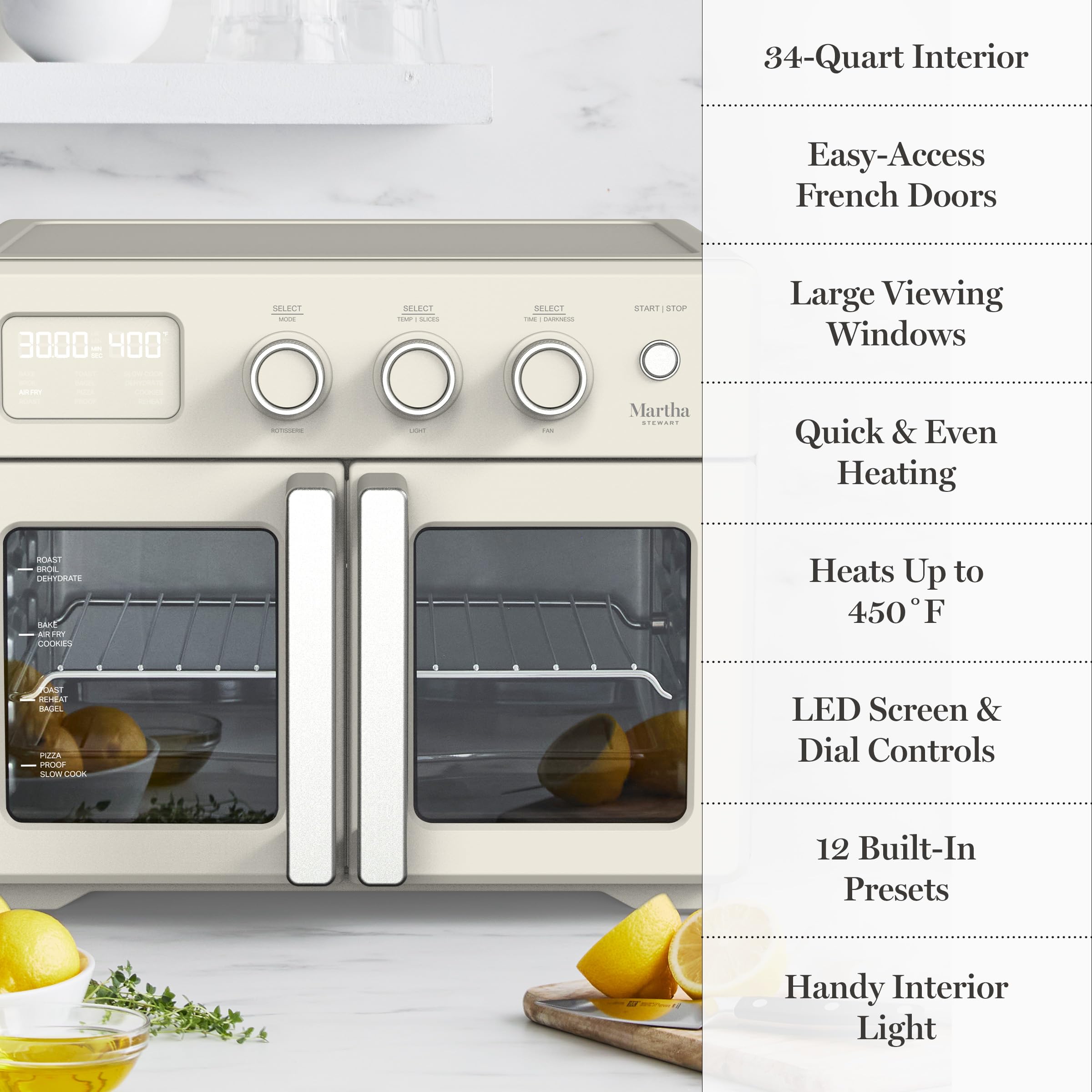 Martha Stewart French Door Air Fryer Toaster Oven Combo, 34QT Countertop Convection, 12-in-1, Bake, Broil, Roast, Fits 12” Pizza, Dehydrate, 5 Accessories, Air Fry Basket, Stainless Steel, Linen White