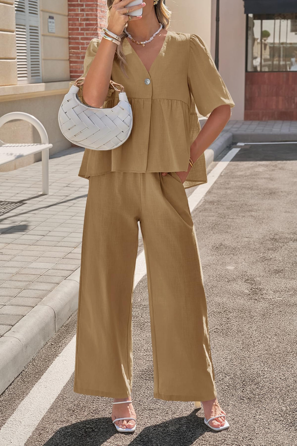 Tankaneo Womens 2 Piece Linen Sets Summer Vacation Outfits V Neck Puff Sleeve Babydoll Tops Wide Leg Pants Matching Sets