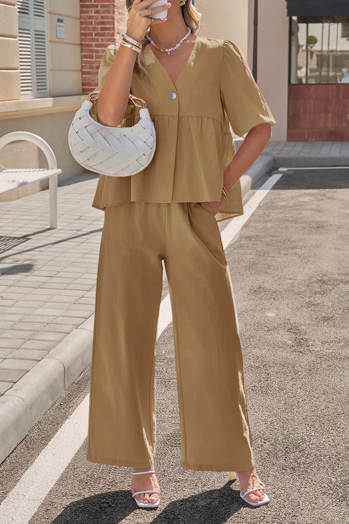 Tankaneo Womens 2 Piece Linen Sets Summer Vacation Outfits V Neck Puff Sleeve Babydoll Tops Wide Leg Pants Matching Sets