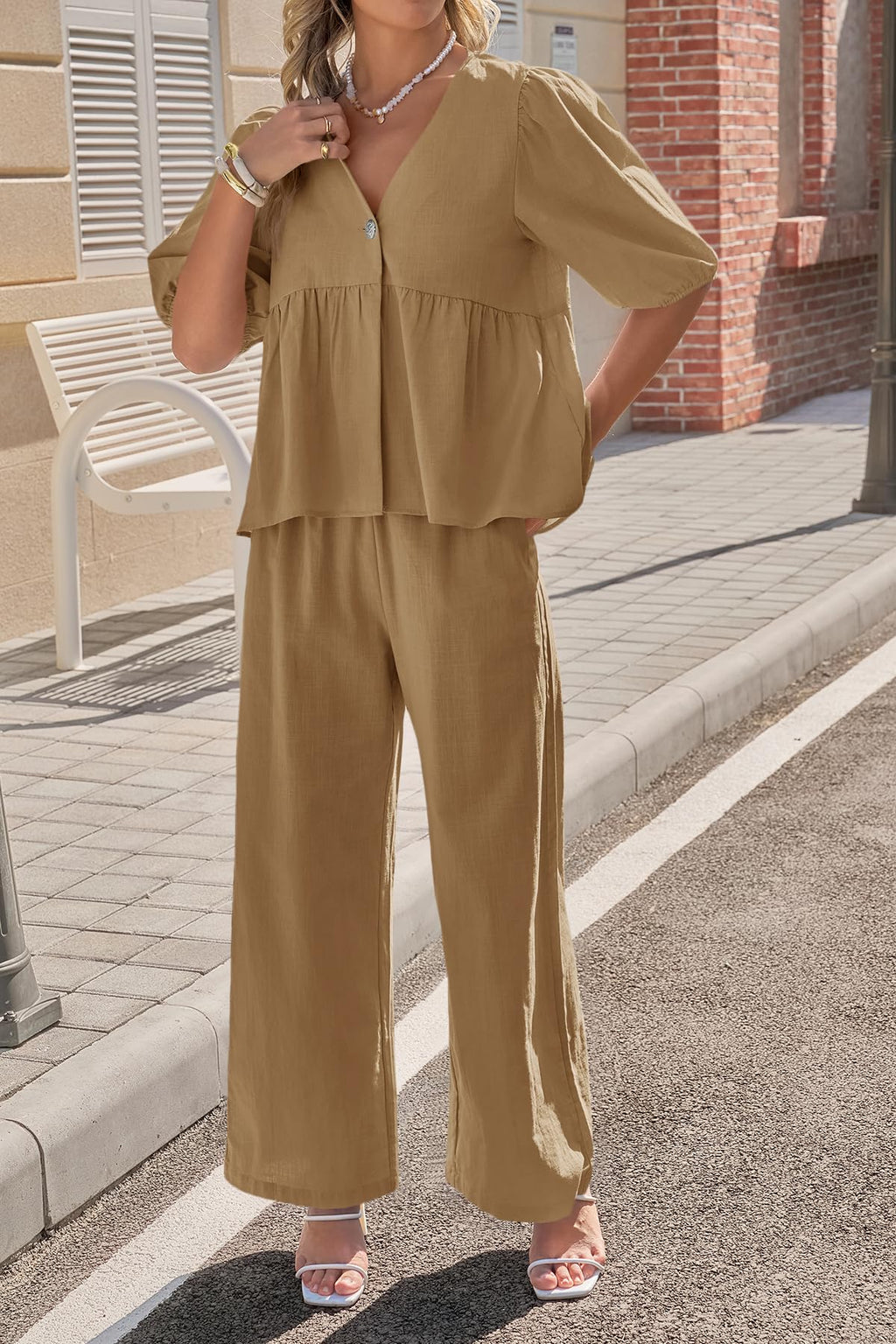 Tankaneo Womens 2 Piece Linen Sets Summer Vacation Outfits V Neck Puff Sleeve Babydoll Tops Wide Leg Pants Matching Sets