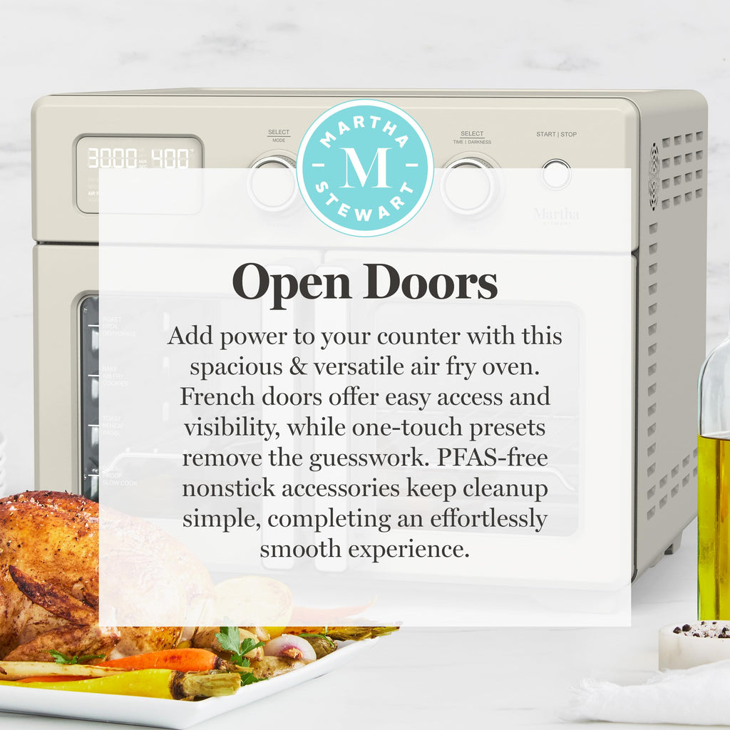 Martha Stewart French Door Air Fryer Toaster Oven Combo, 34QT Countertop Convection, 12-in-1, Bake, Broil, Roast, Fits 12” Pizza, Dehydrate, 5 Accessories, Air Fry Basket, Stainless Steel, Linen White
