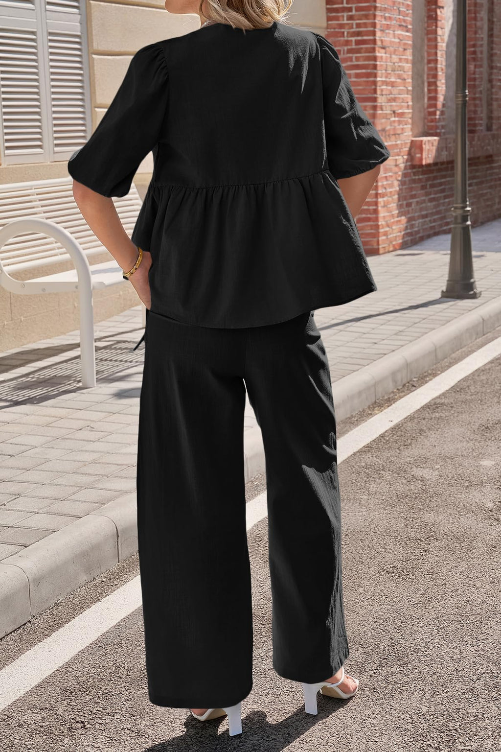 Tankaneo Womens 2 Piece Linen Sets Summer Vacation Outfits V Neck Puff Sleeve Babydoll Tops Wide Leg Pants Matching Sets