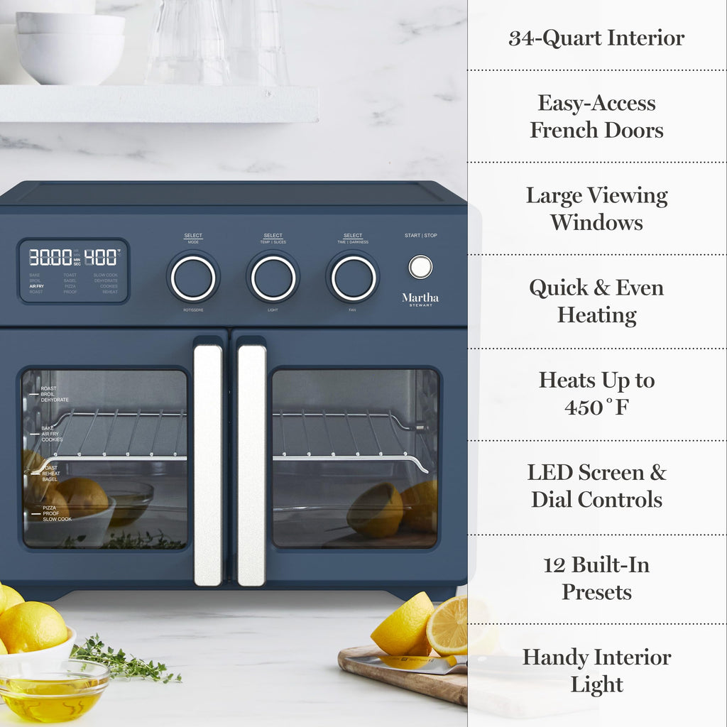Martha Stewart French Door Air Fryer Toaster Oven Combo, 34QT Countertop Convection, 12-in-1, Bake, Broil, Roast, Fits 12” Pizza, Dehydrate, 5 Accessories, Air Fry Basket, Stainless Steel, Linen White