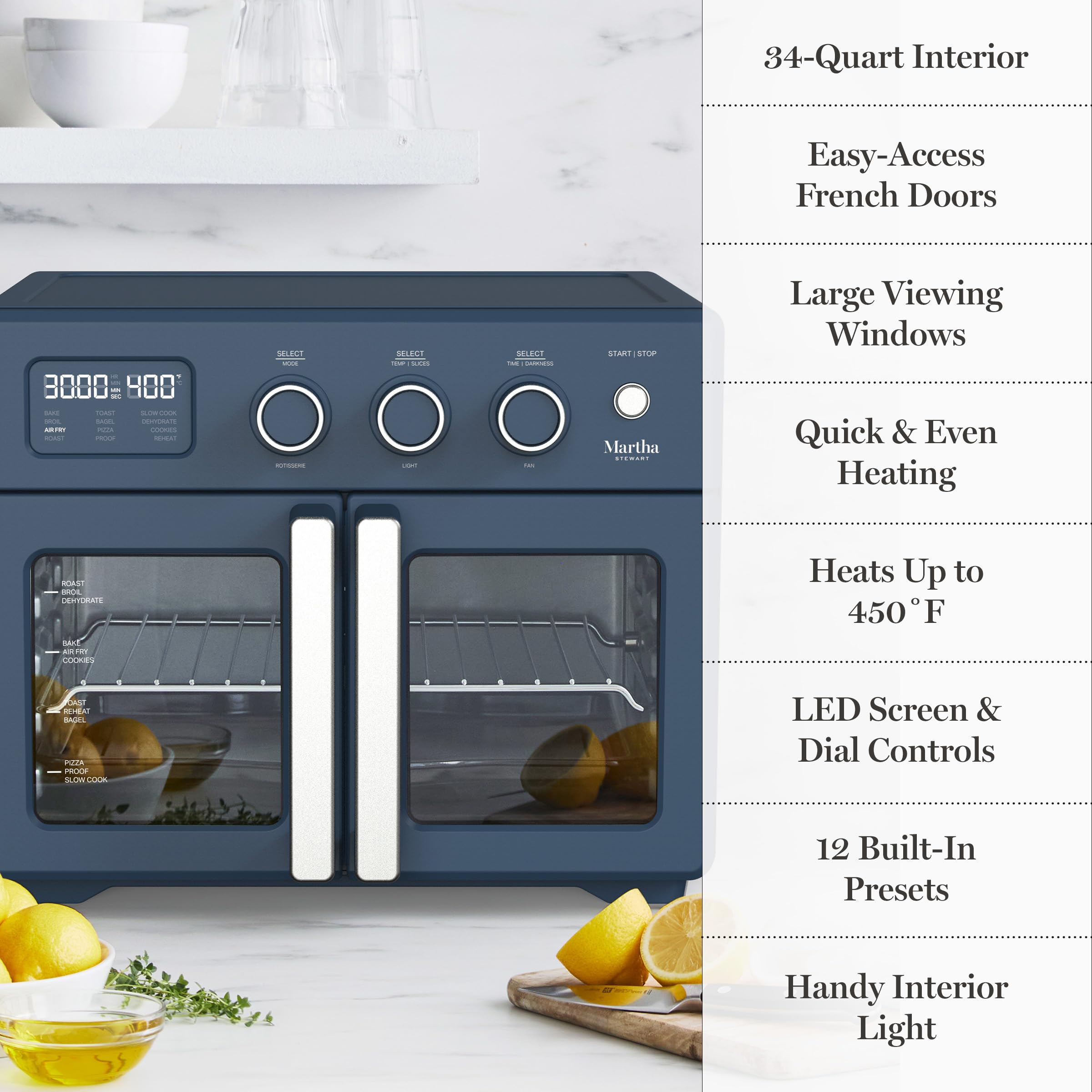 Martha Stewart French Door Air Fryer Toaster Oven Combo, 34QT Countertop Convection, 12-in-1, Bake, Broil, Roast, Fits 12” Pizza, Dehydrate, 5 Accessories, Air Fry Basket, Stainless Steel, Linen White