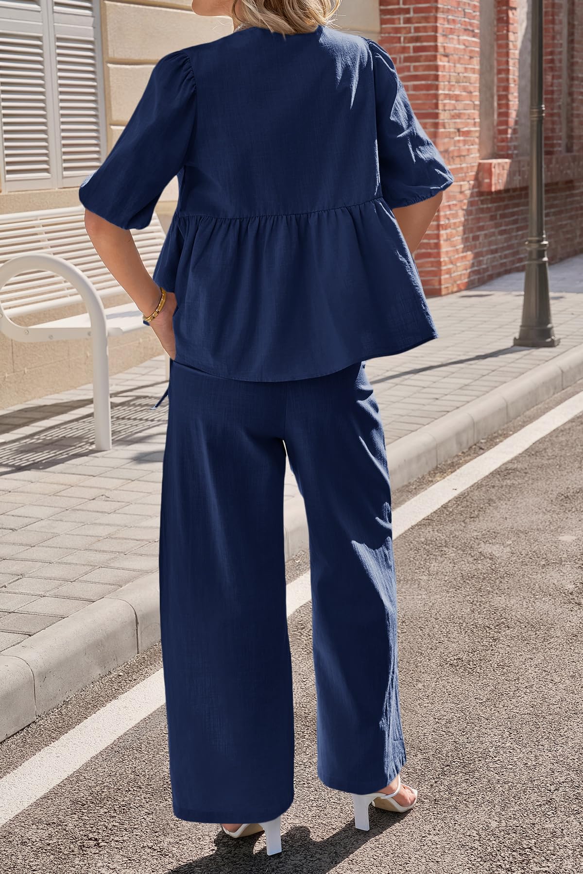 Tankaneo Womens 2 Piece Linen Sets Summer Vacation Outfits V Neck Puff Sleeve Babydoll Tops Wide Leg Pants Matching Sets
