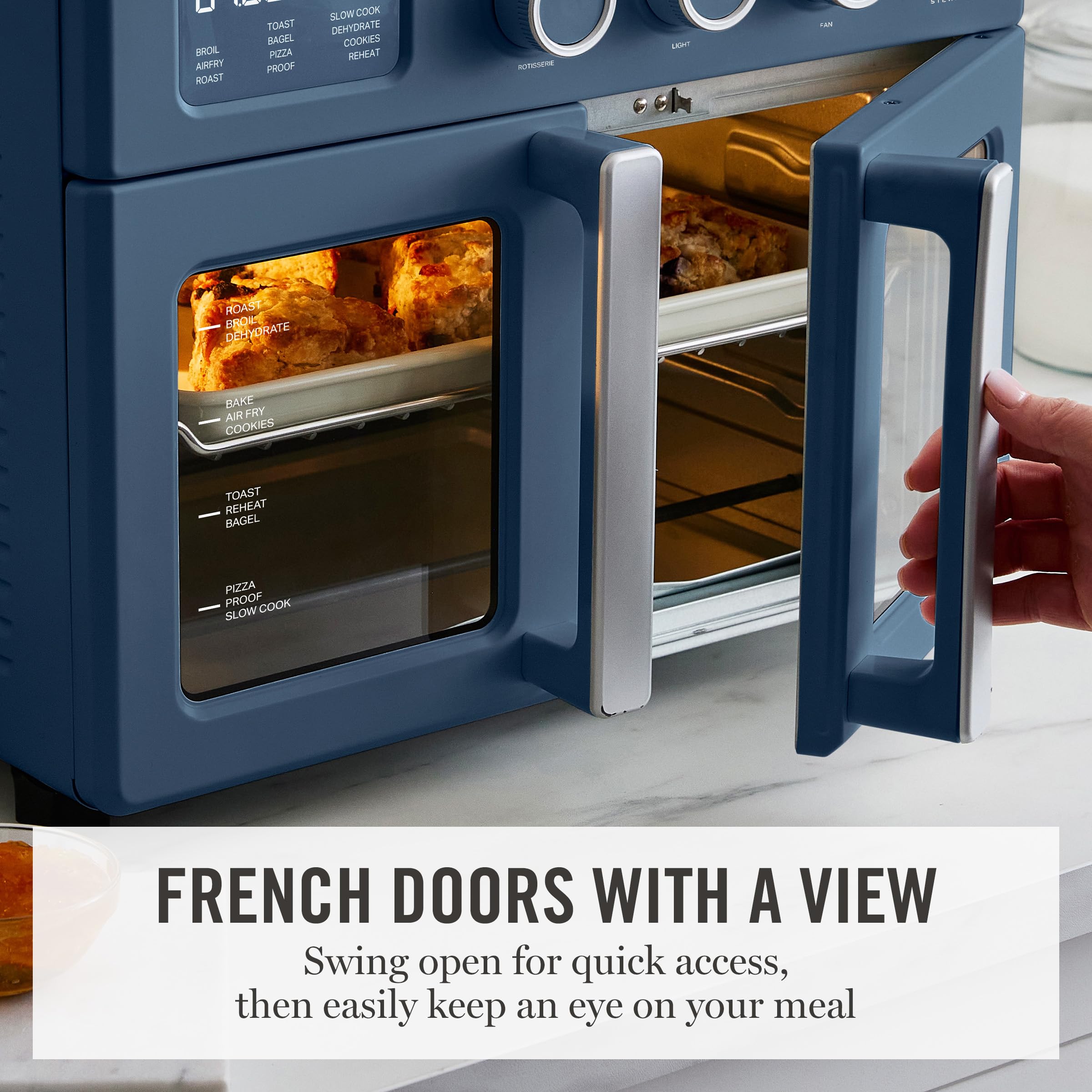 Martha Stewart French Door Air Fryer Toaster Oven Combo, 34QT Countertop Convection, 12-in-1, Bake, Broil, Roast, Fits 12” Pizza, Dehydrate, 5 Accessories, Air Fry Basket, Stainless Steel, Linen White