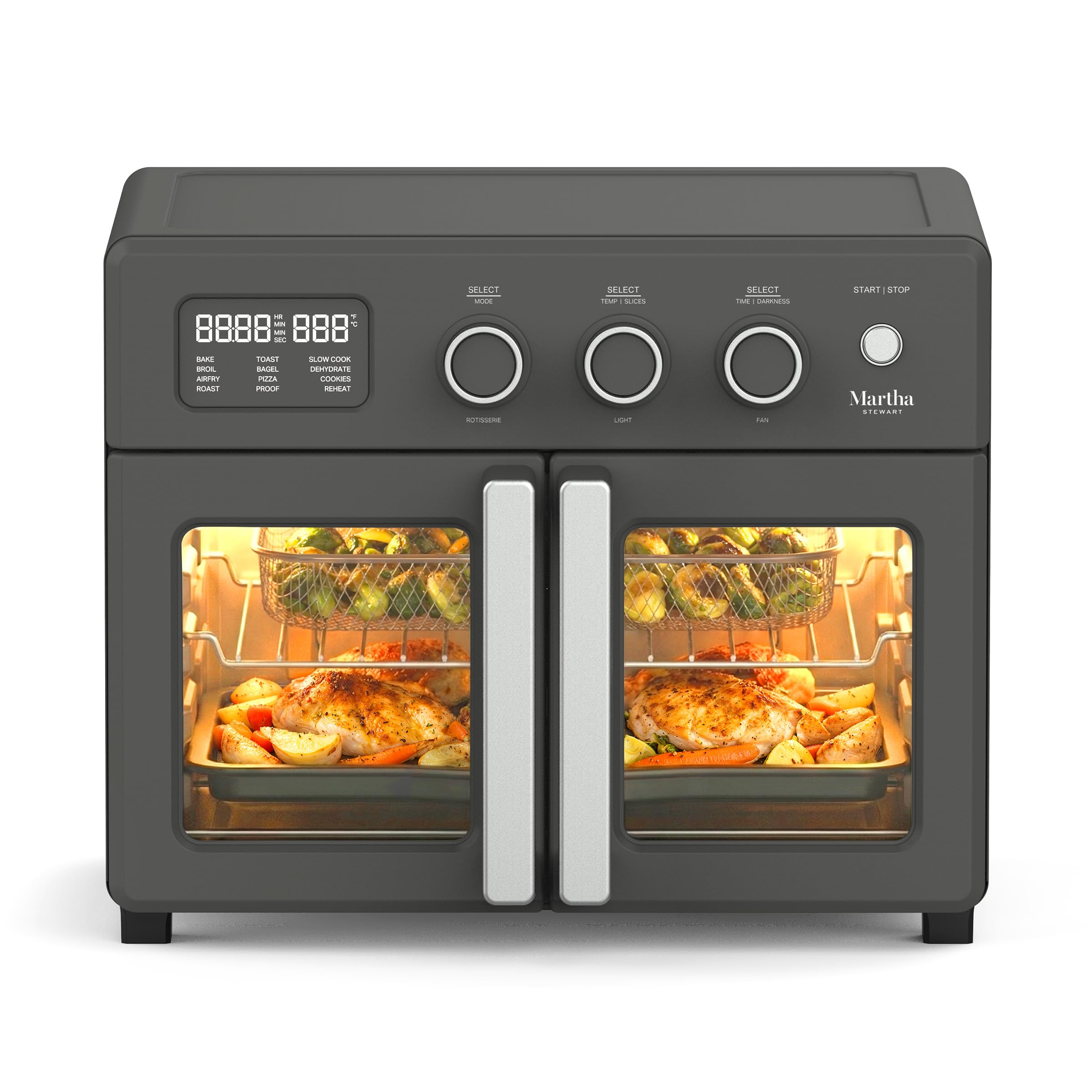 Martha Stewart French Door Air Fryer Toaster Oven Combo, 34QT Countertop Convection, 12-in-1, Bake, Broil, Roast, Fits 12” Pizza, Dehydrate, 5 Accessories, Air Fry Basket, Stainless Steel, Linen White