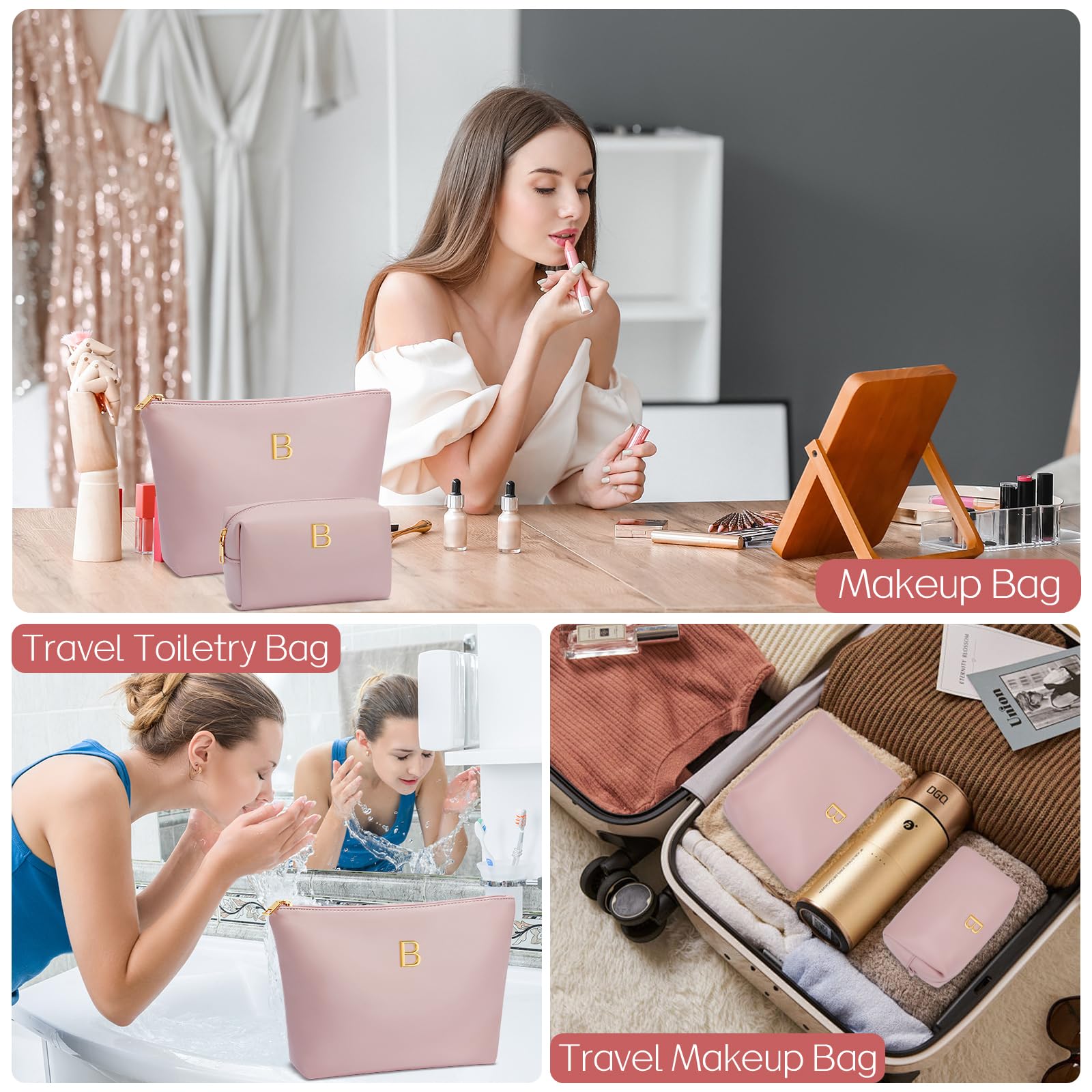 Graduation Gifts | Initial Makeup Bag for Women Personalized Gifts for Bridesmaid Teachers Friend Female College Cosmetic Travel Toiletry Bag(Beige,A)