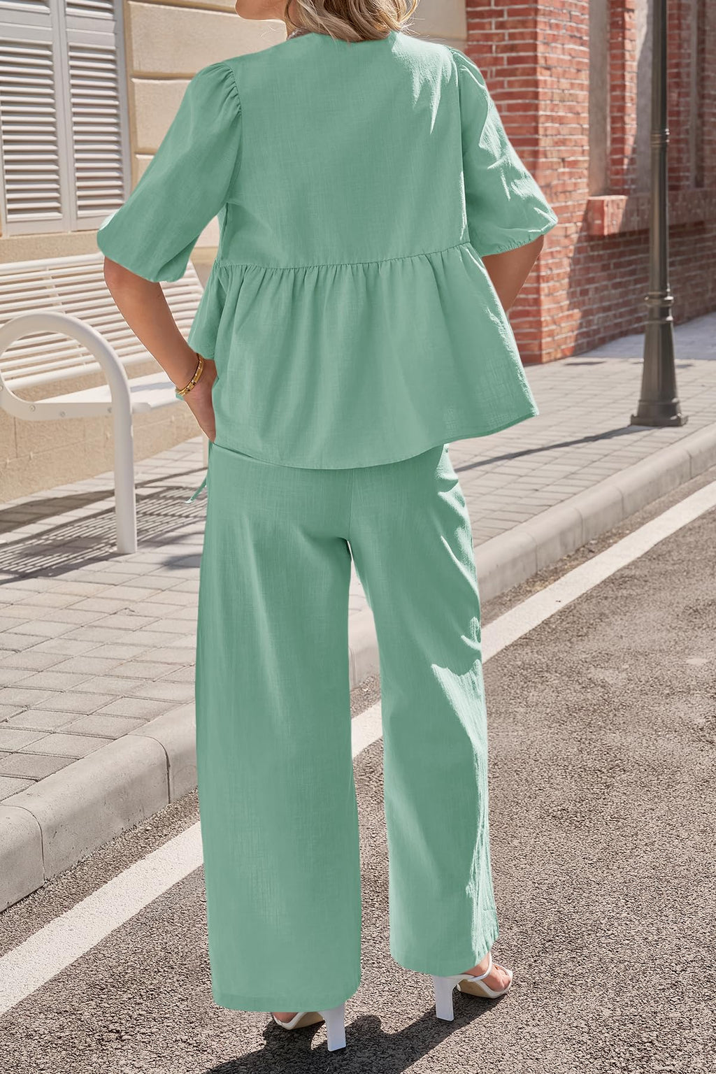 Tankaneo Womens 2 Piece Linen Sets Summer Vacation Outfits V Neck Puff Sleeve Babydoll Tops Wide Leg Pants Matching Sets