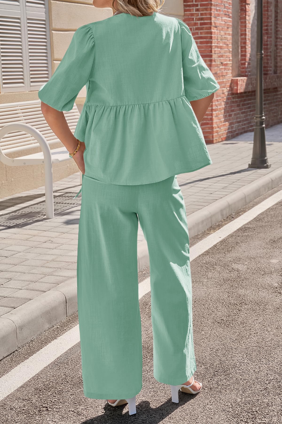 Tankaneo Womens 2 Piece Linen Sets Summer Vacation Outfits V Neck Puff Sleeve Babydoll Tops Wide Leg Pants Matching Sets