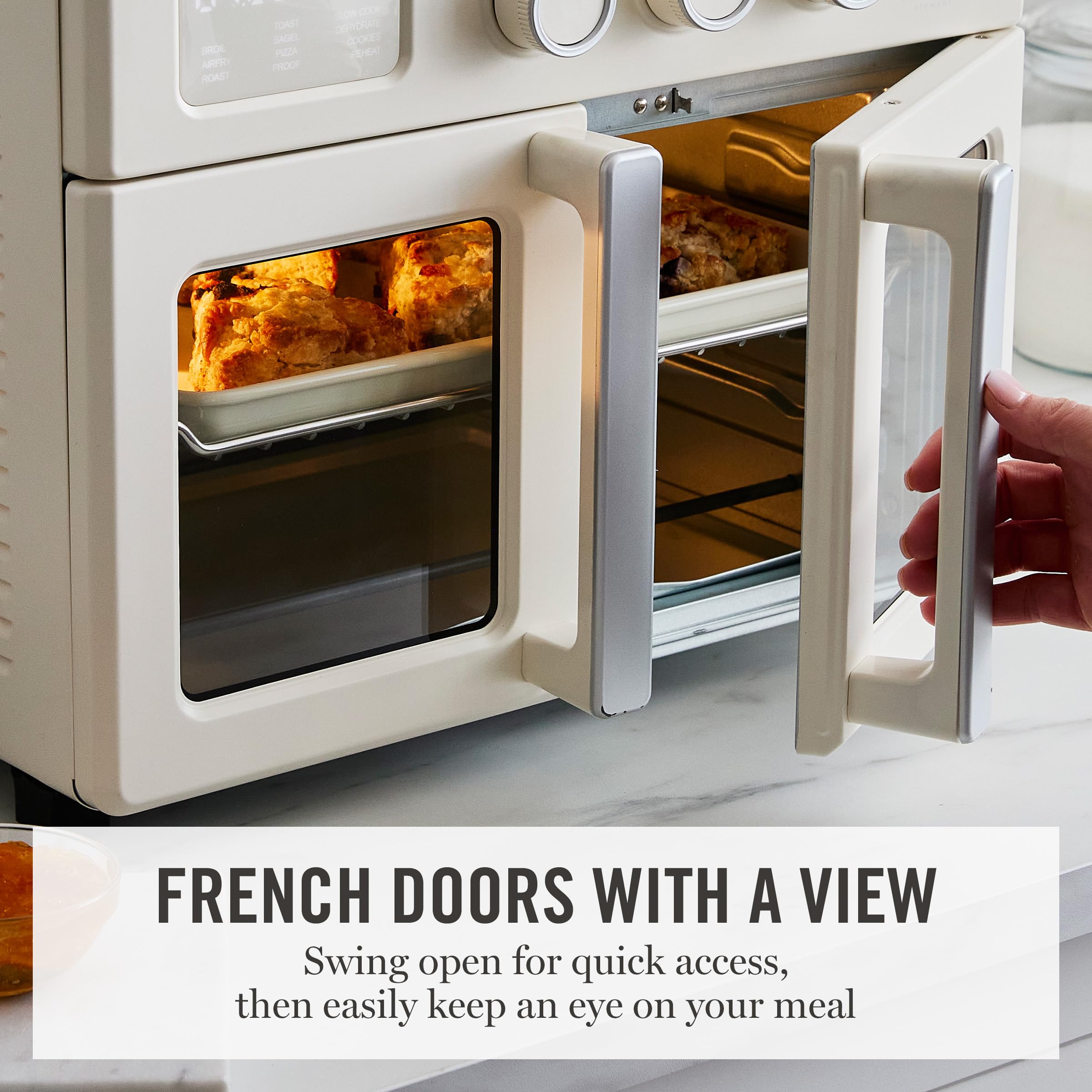 Martha Stewart French Door Air Fryer Toaster Oven Combo, 34QT Countertop Convection, 12-in-1, Bake, Broil, Roast, Fits 12” Pizza, Dehydrate, 5 Accessories, Air Fry Basket, Stainless Steel, Linen White