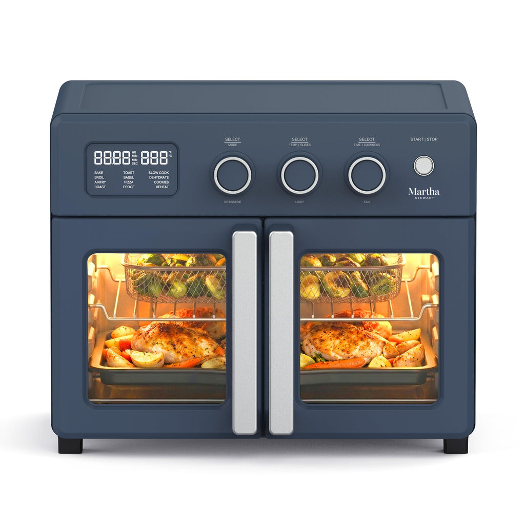 Martha Stewart French Door Air Fryer Toaster Oven Combo, 34QT Countertop Convection, 12-in-1, Bake, Broil, Roast, Fits 12” Pizza, Dehydrate, 5 Accessories, Air Fry Basket, Stainless Steel, Linen White